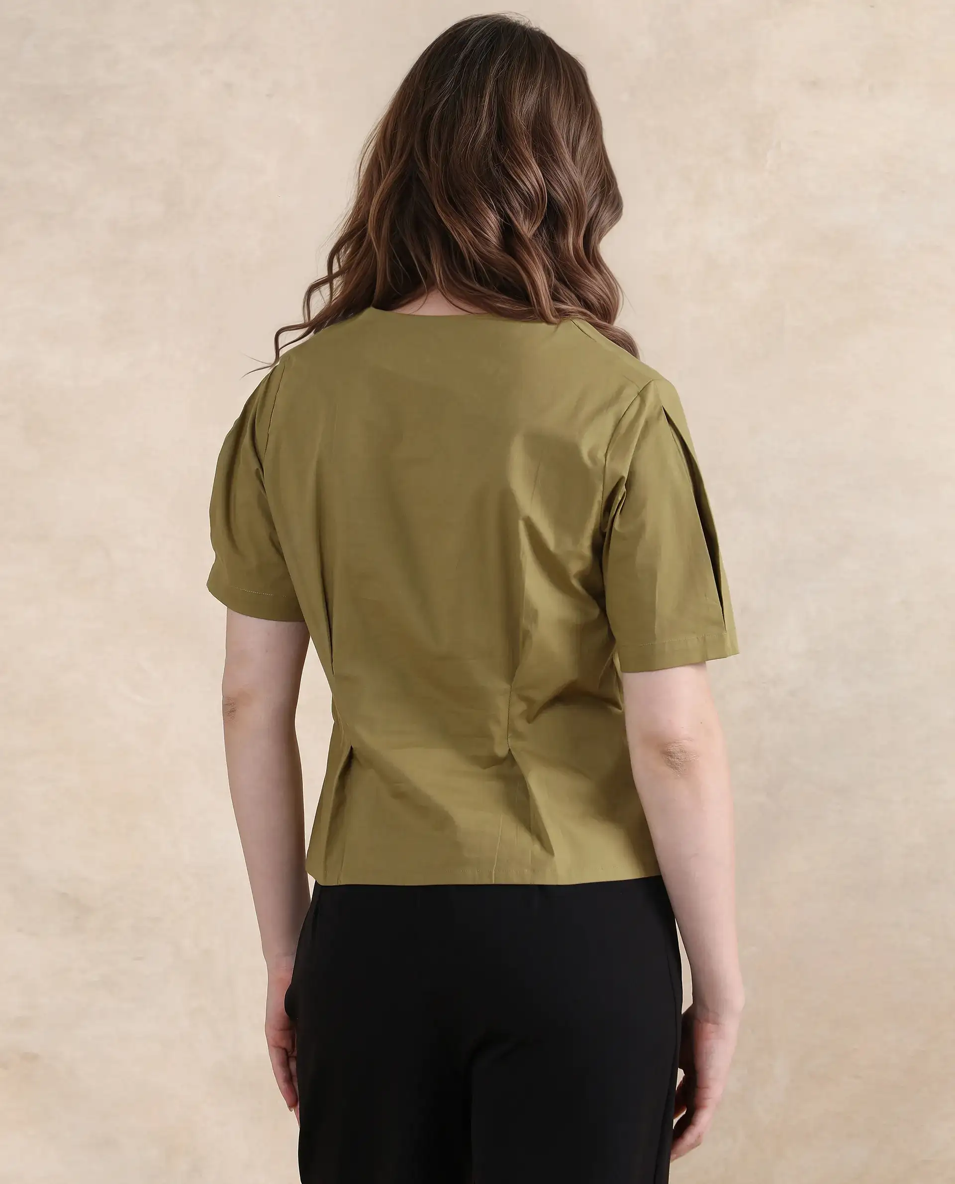 Rareism Women's Funit Dusky Olive Cotton Blend V-Neck Plain Fashion Sleeve Crop Regular Fit Top - Image 5