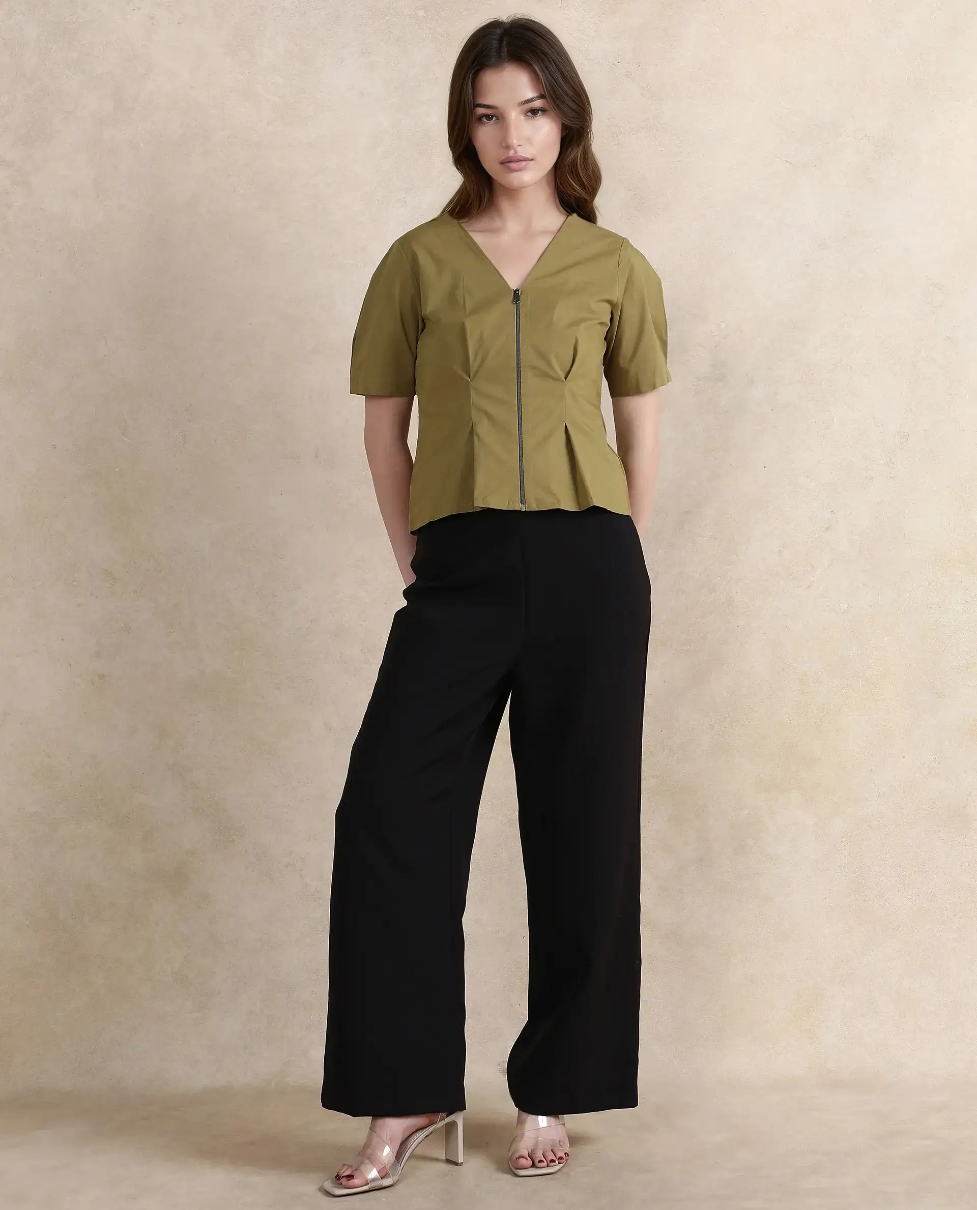 Rareism Women's Funit Dusky Olive Cotton Blend V-Neck Plain Fashion Sleeve Crop Regular Fit Top - Image 6