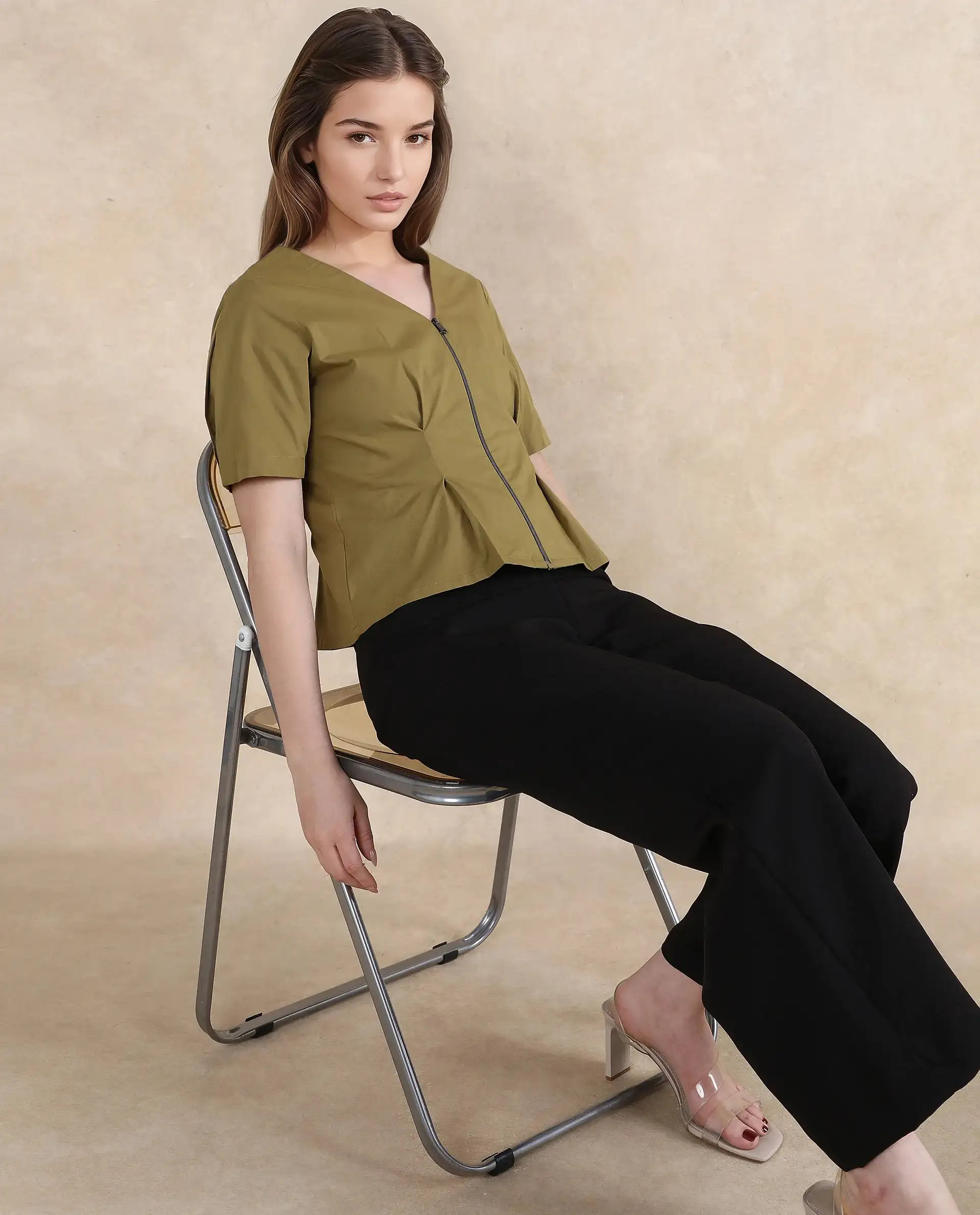 Rareism Women's Funit Dusky Olive Cotton Blend V-Neck Plain Fashion Sleeve Crop Regular Fit Top - Image 7