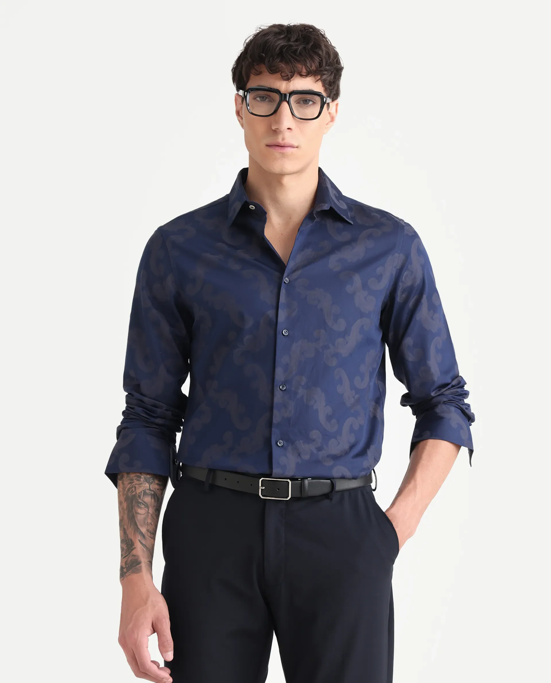 Rare Rabbit Men's Funo Blue Cotton Jacquard Regular Fit Full Sleeve Collared Shirt