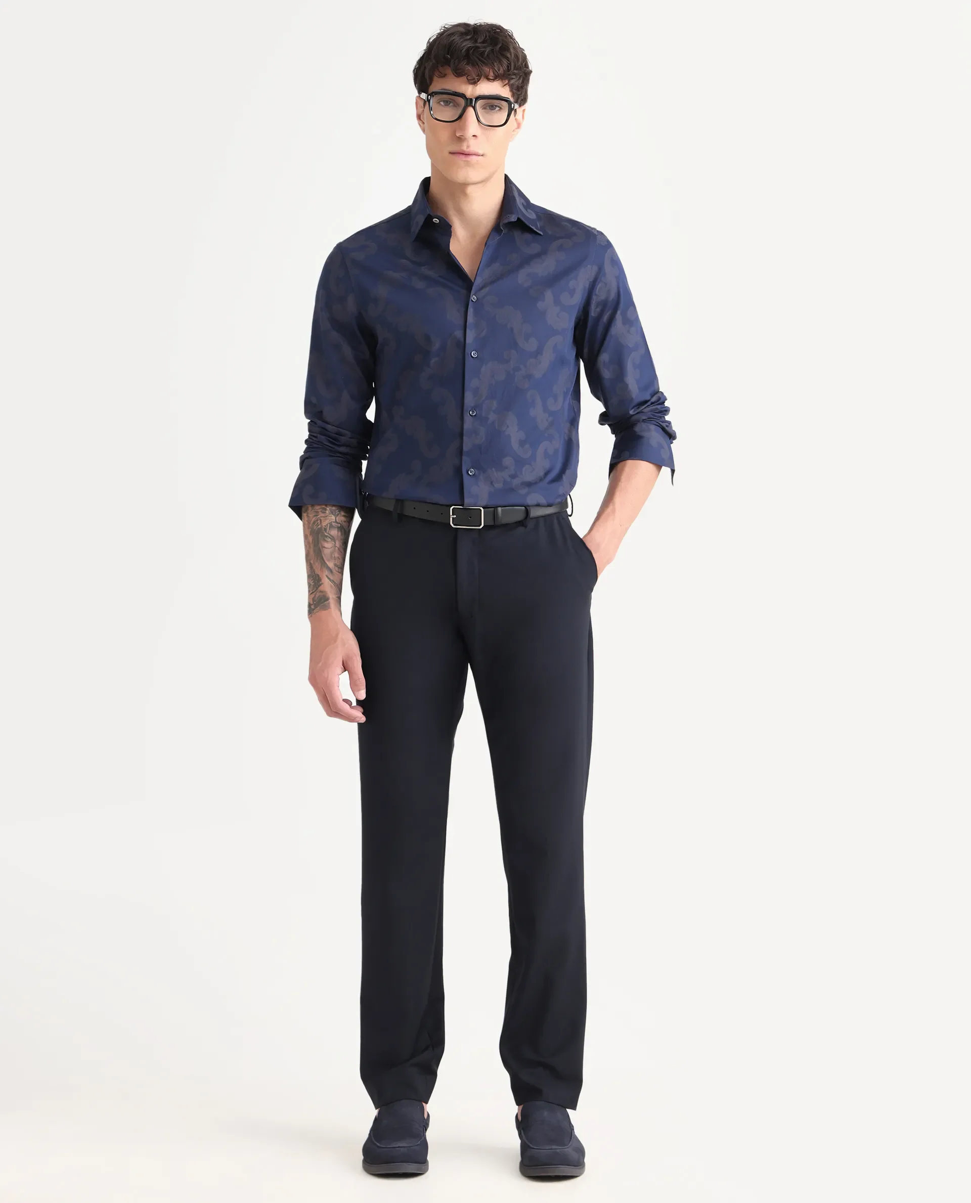 Rare Rabbit Men's Funo Blue Cotton Jacquard Regular Fit Full Sleeve Collared Shirt - Image 2