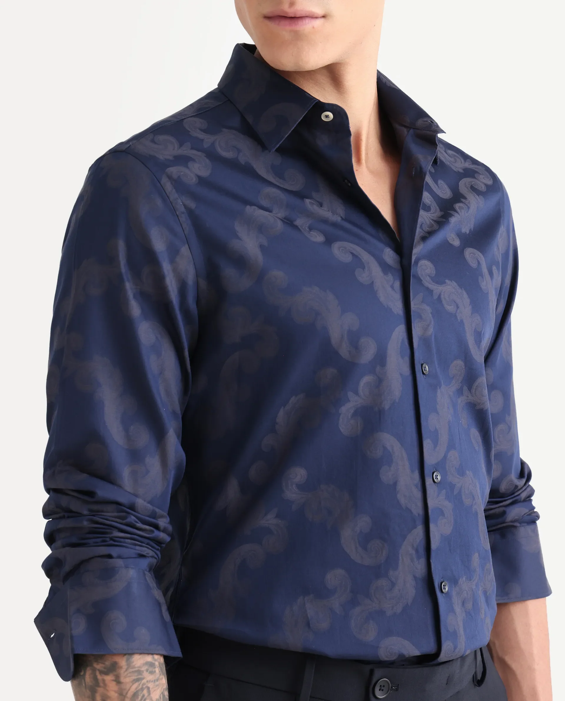 Rare Rabbit Men's Funo Blue Cotton Jacquard Regular Fit Full Sleeve Collared Shirt - Image 3