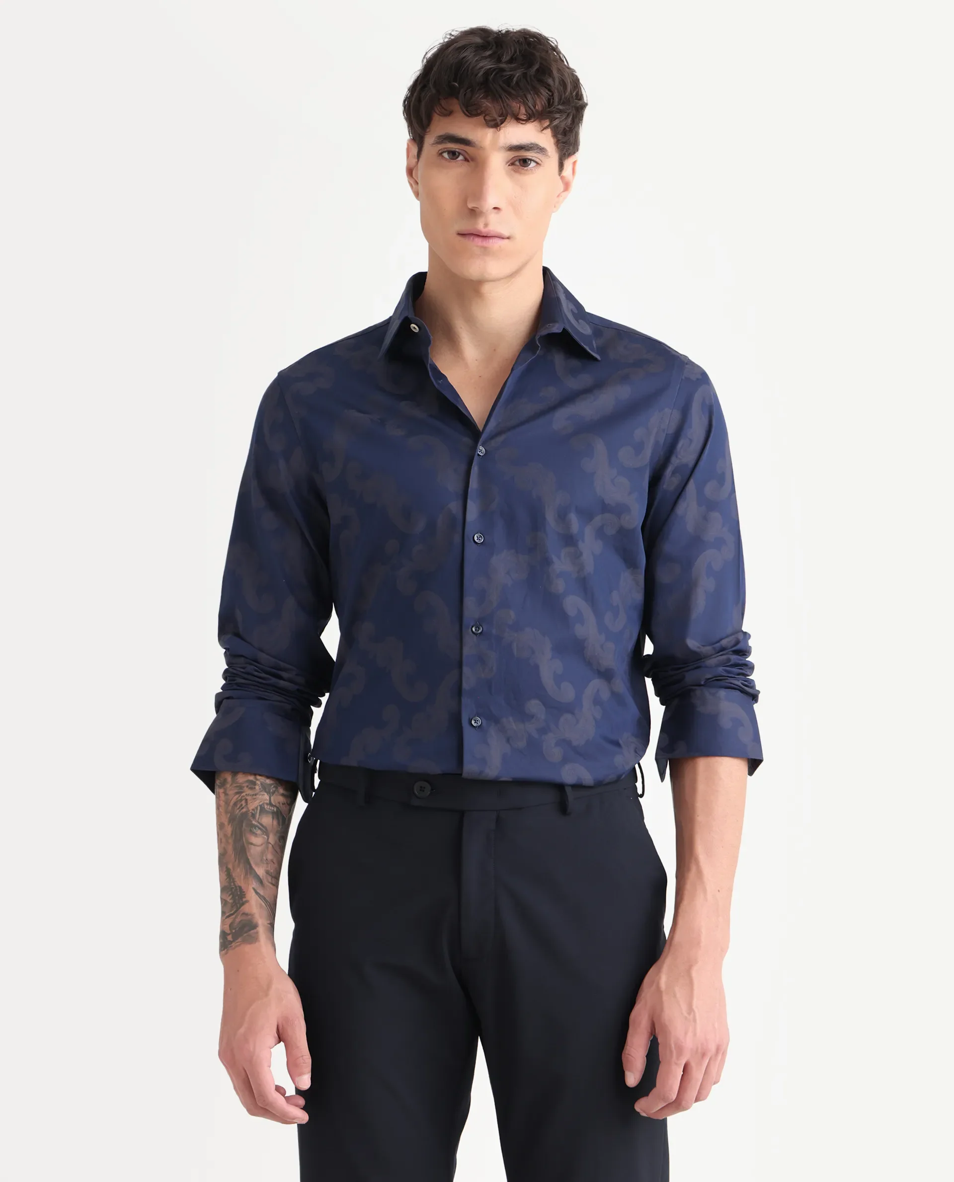 Rare Rabbit Men's Funo Blue Cotton Jacquard Regular Fit Full Sleeve Collared Shirt - Image 4