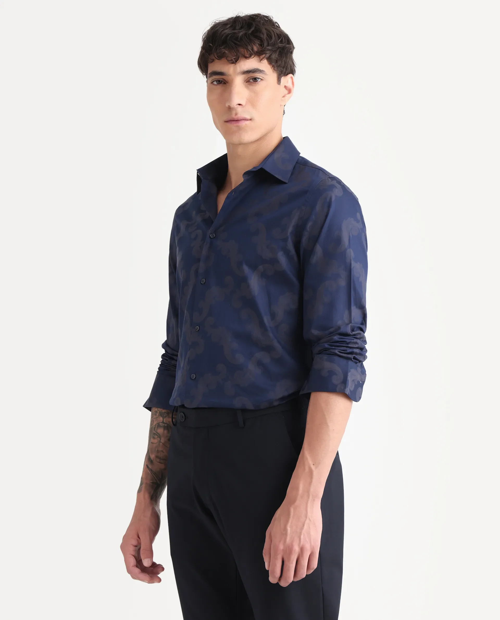 Rare Rabbit Men's Funo Blue Cotton Jacquard Regular Fit Full Sleeve Collared Shirt - Image 5