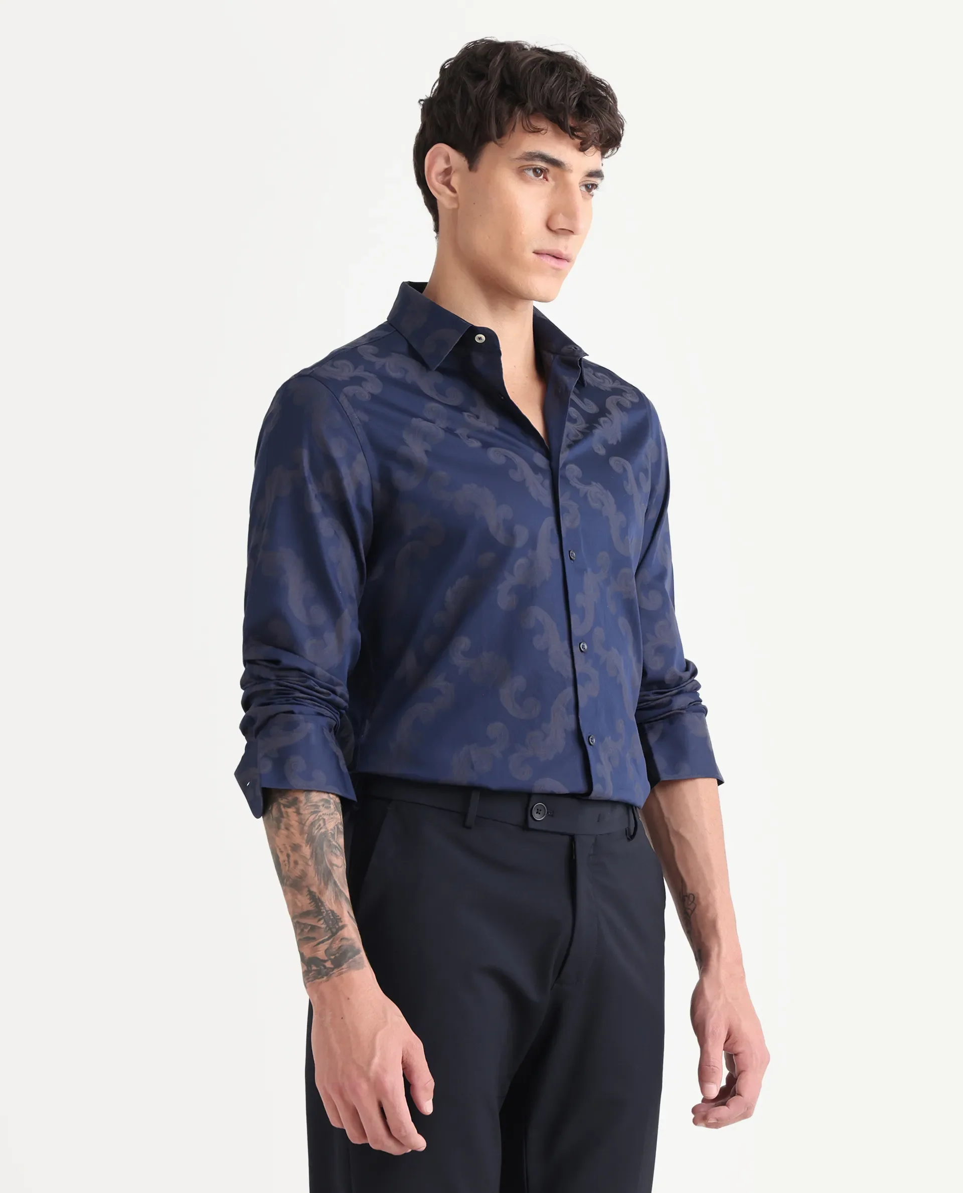 Rare Rabbit Men's Funo Blue Cotton Jacquard Regular Fit Full Sleeve Collared Shirt - Image 6