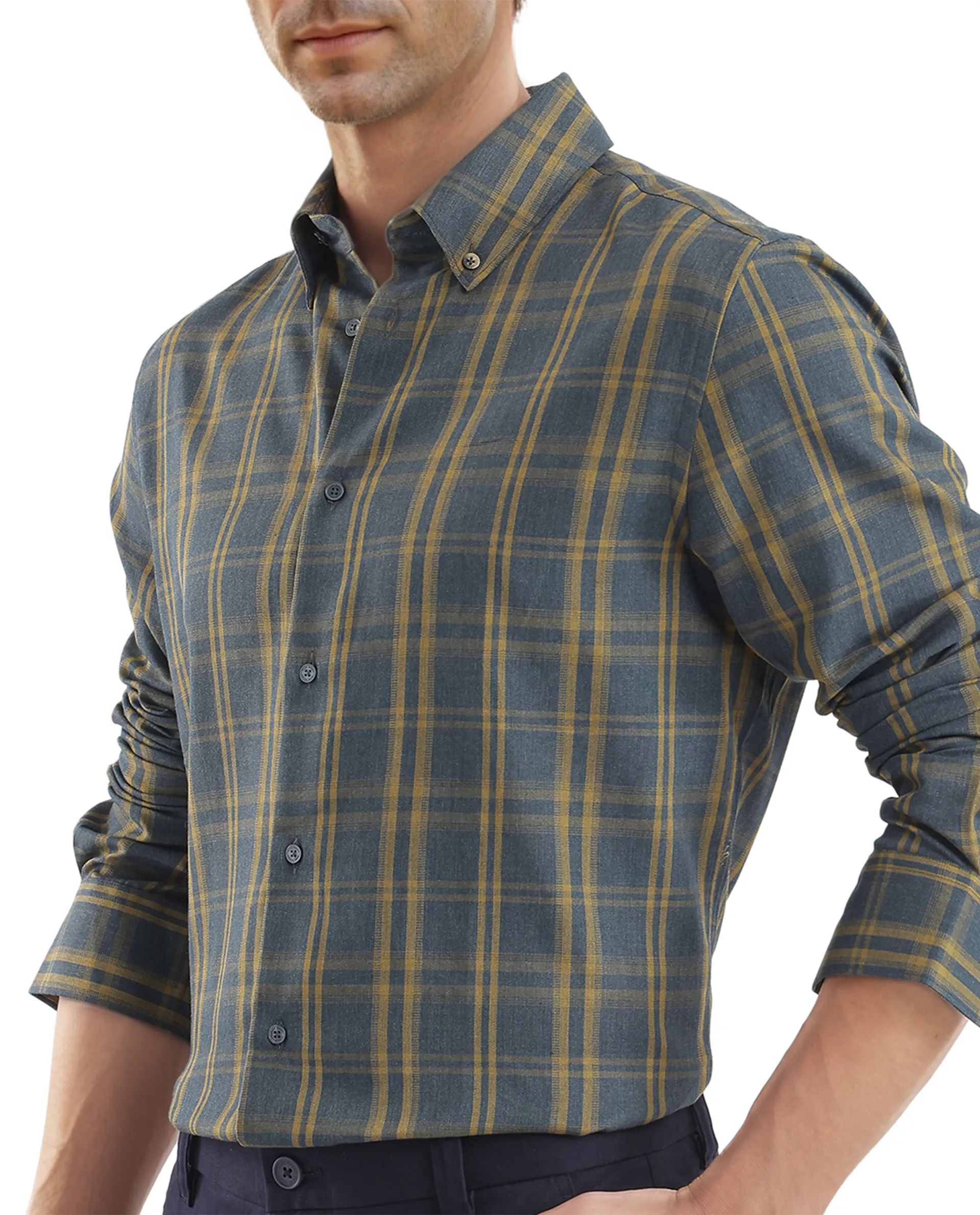 Rare Rabbit Men's Funto Dark Blue Cotton Checked Print Regular Fit Full Sleeve Collared Shirt - Image 3