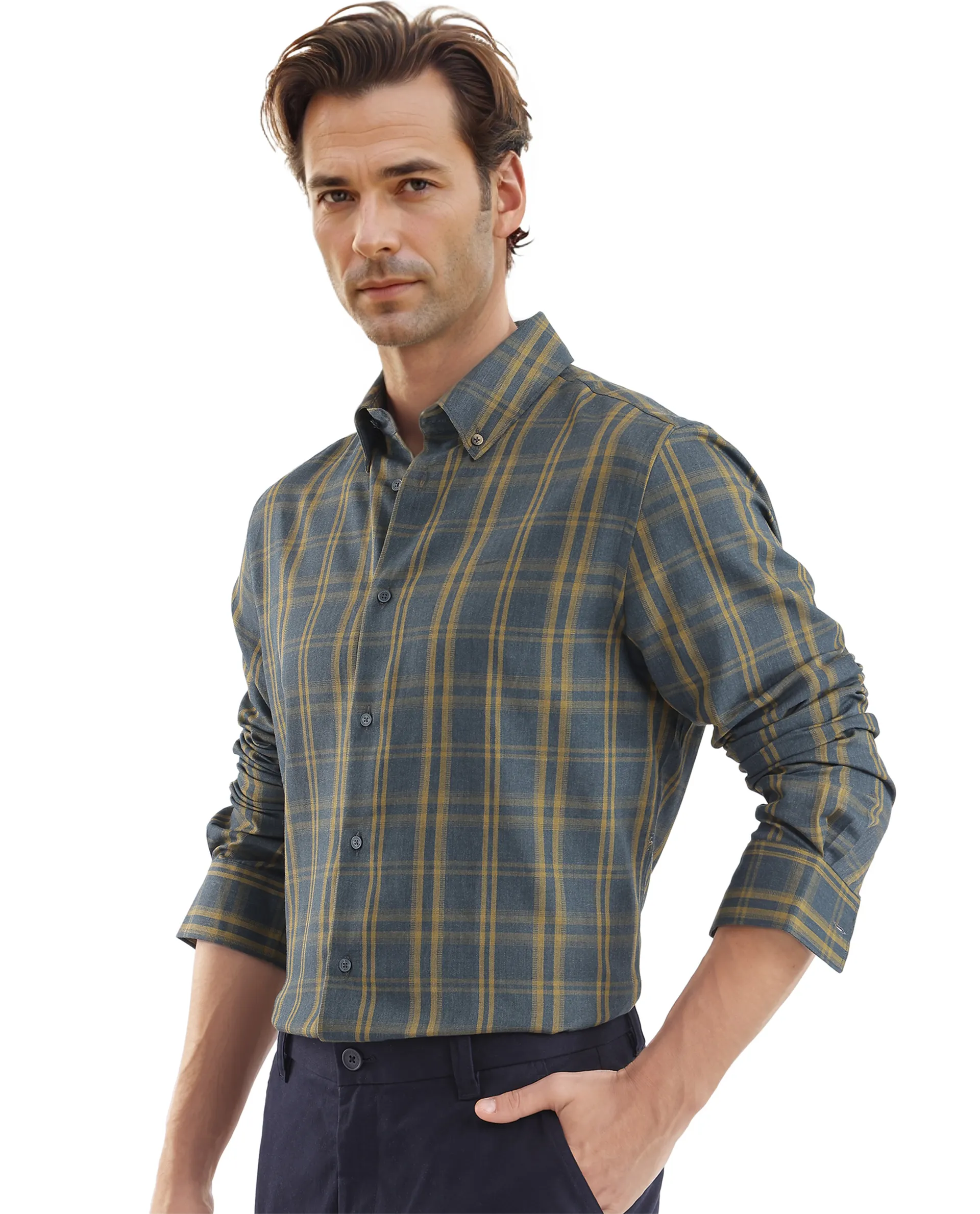 Rare Rabbit Men's Funto Dark Blue Cotton Checked Print Regular Fit Full Sleeve Collared Shirt - Image 5