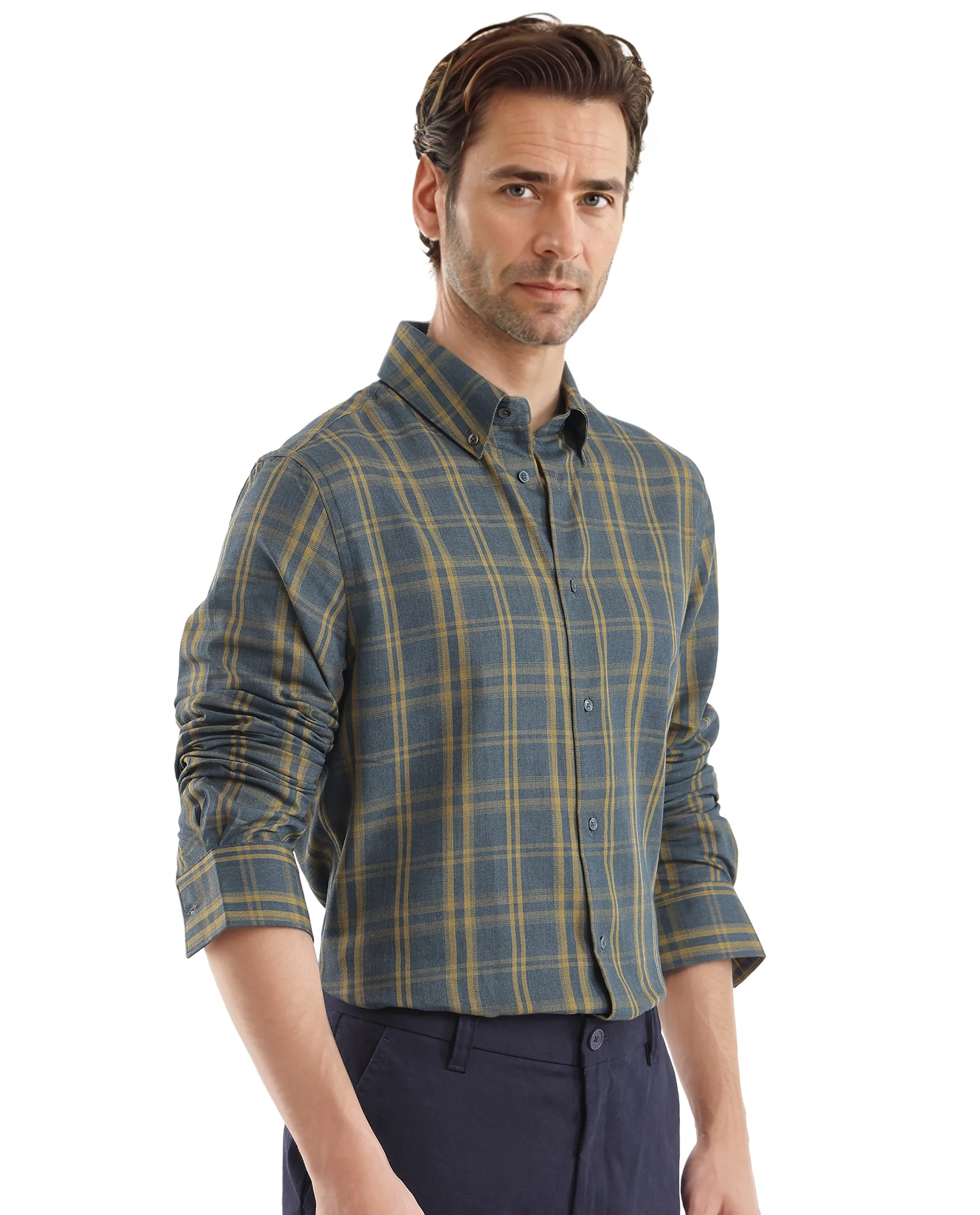 Rare Rabbit Men's Funto Dark Blue Cotton Checked Print Regular Fit Full Sleeve Collared Shirt - Image 6