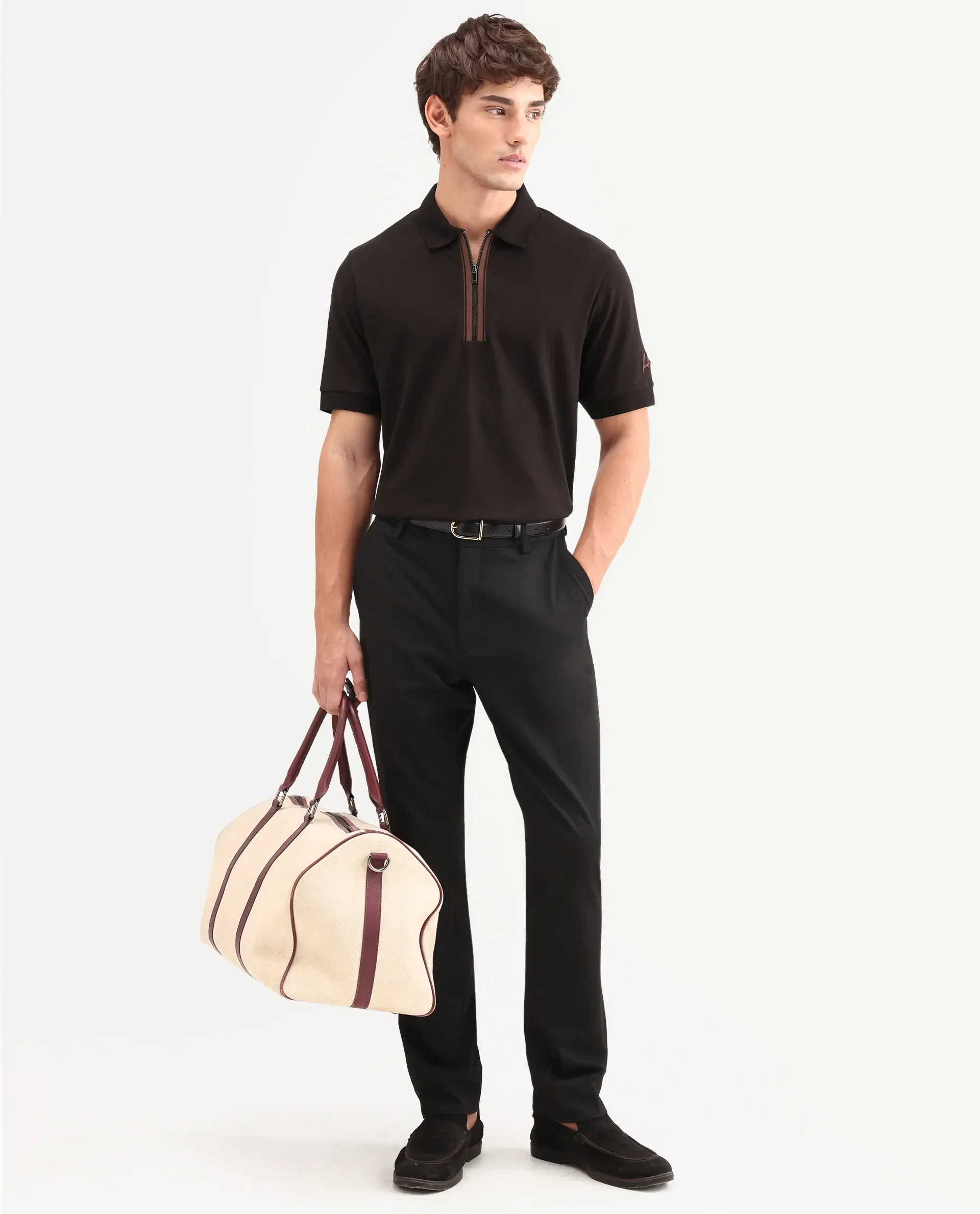 Rare Rabbit Men's Fur Brown Cotton Fabric Spread Collar Regular Fit Embroidered Polo - Image 2