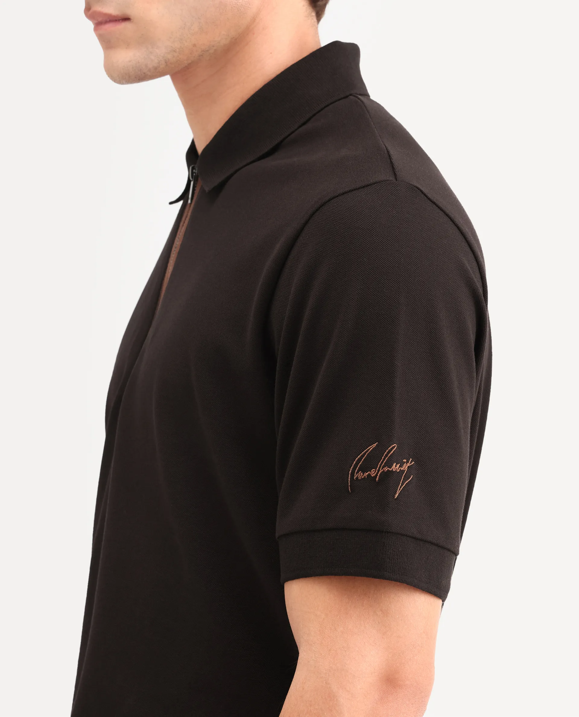 Rare Rabbit Men's Fur Brown Cotton Fabric Spread Collar Regular Fit Embroidered Polo - Image 3