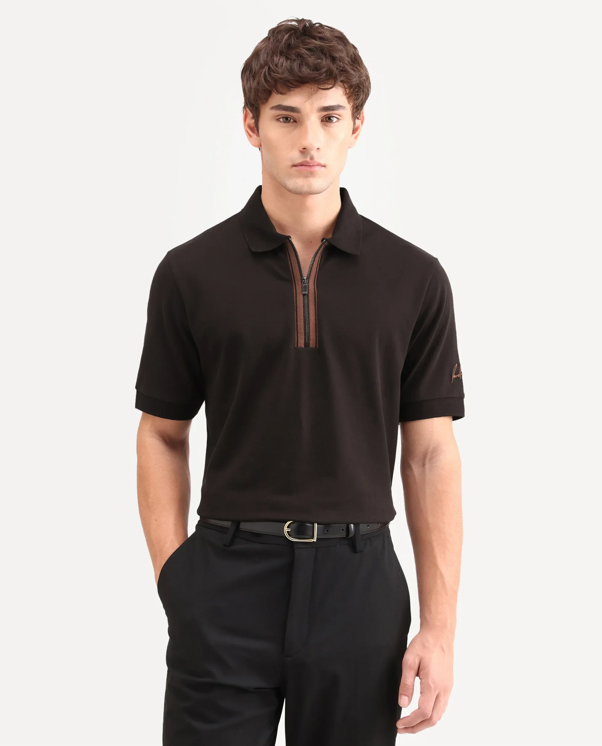 Rare Rabbit Men's Fur Brown Cotton Fabric Spread Collar Regular Fit Embroidered Polo - Image 4