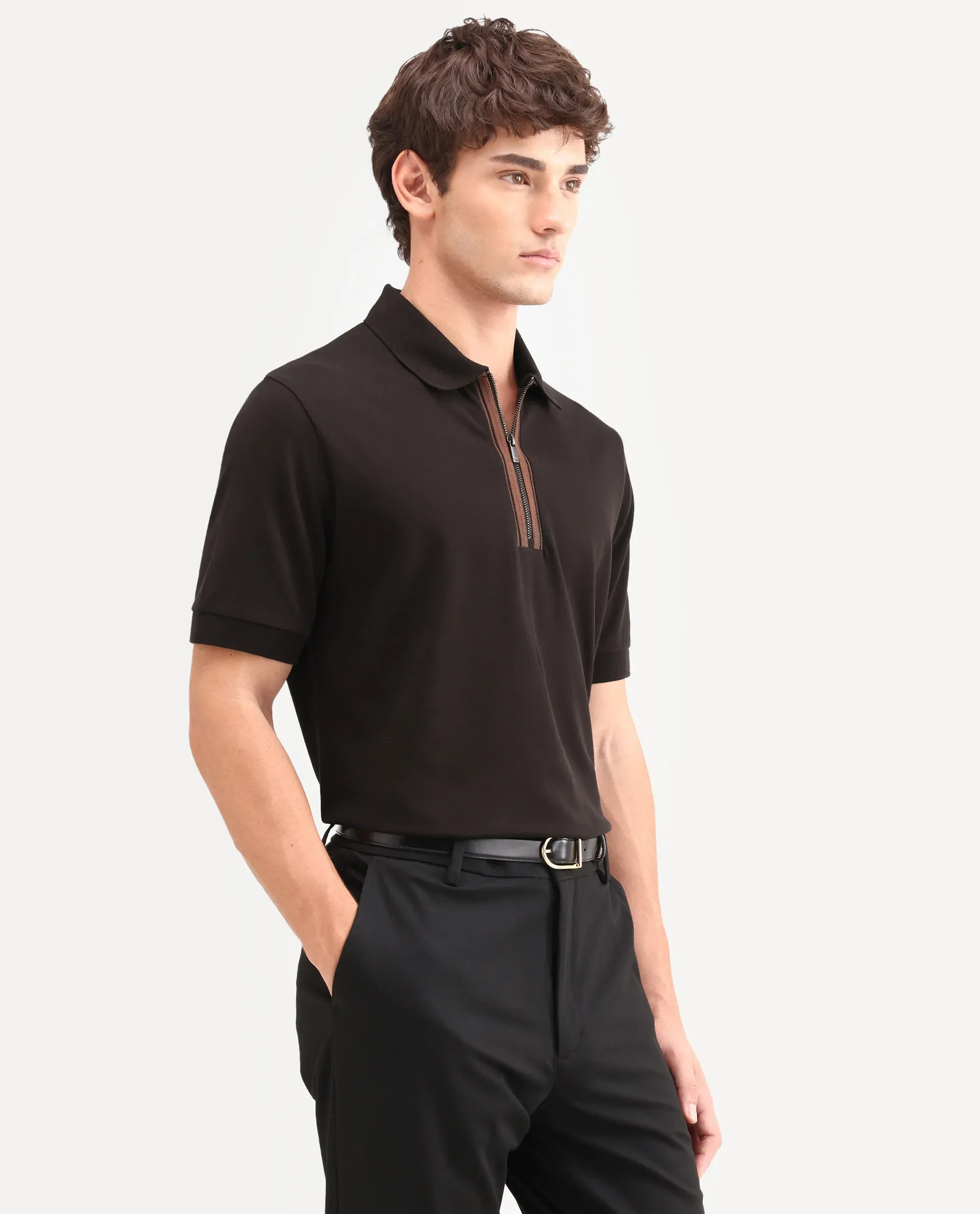 Rare Rabbit Men's Fur Brown Cotton Fabric Spread Collar Regular Fit Embroidered Polo - Image 5