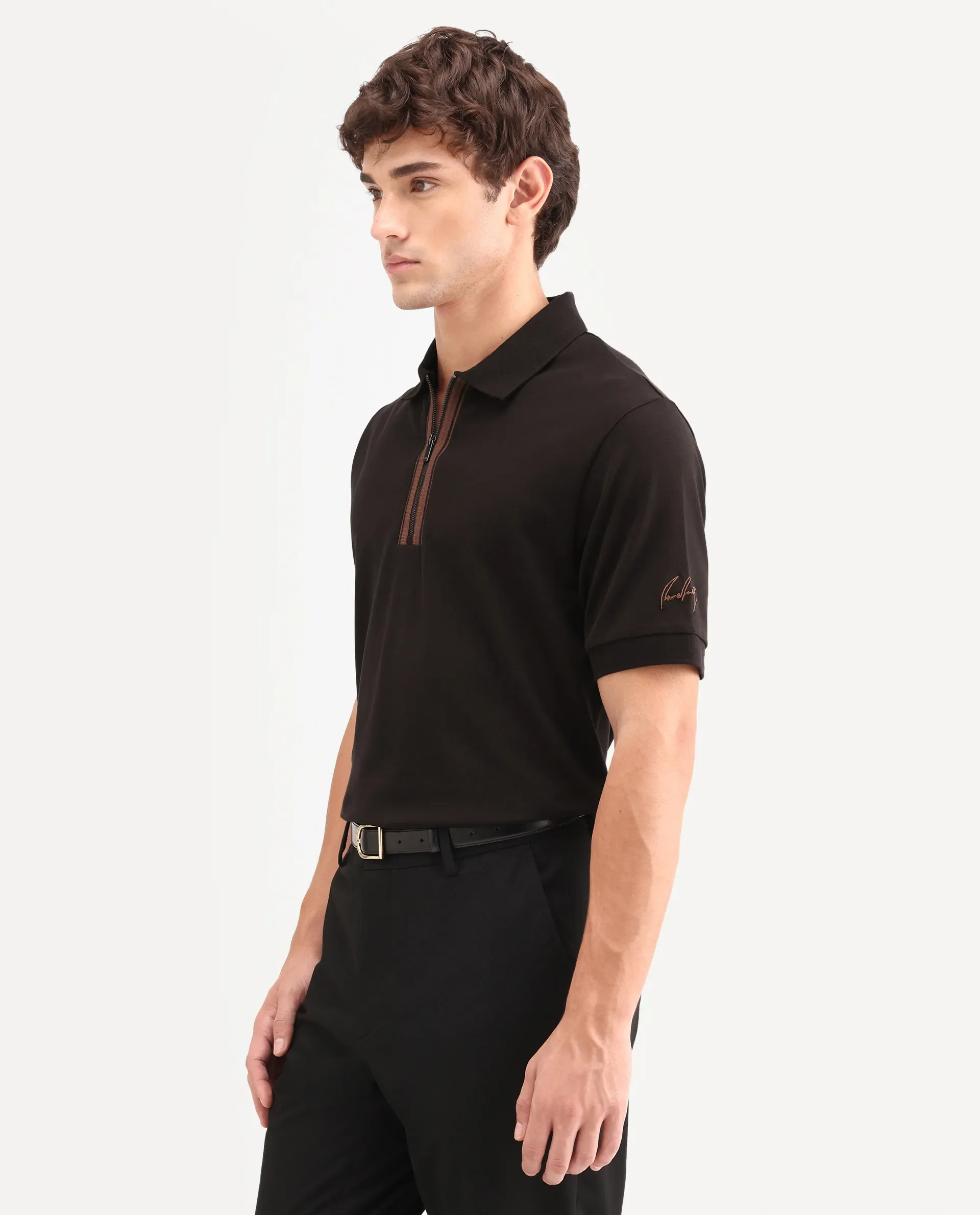 Rare Rabbit Men's Fur Brown Cotton Fabric Spread Collar Regular Fit Embroidered Polo - Image 6