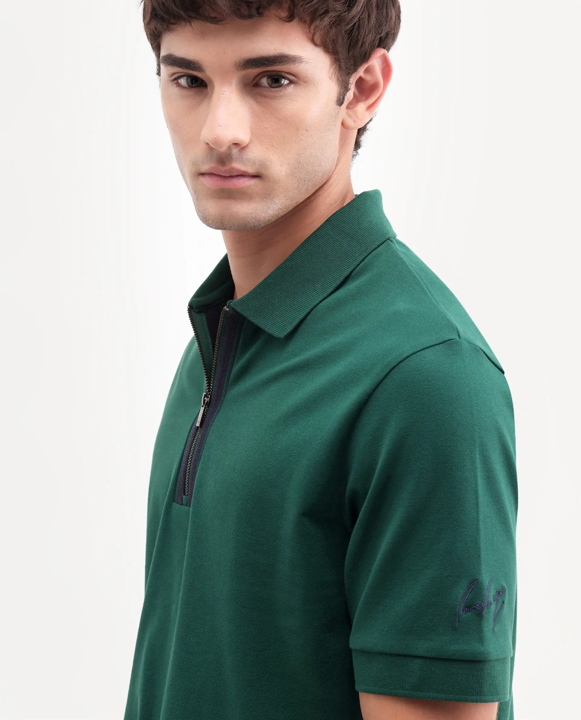 Rare Rabbit Men's Fur Dark Green Cotton Fabric Spread Collar Regular Fit Embroidered Polo - Image 3