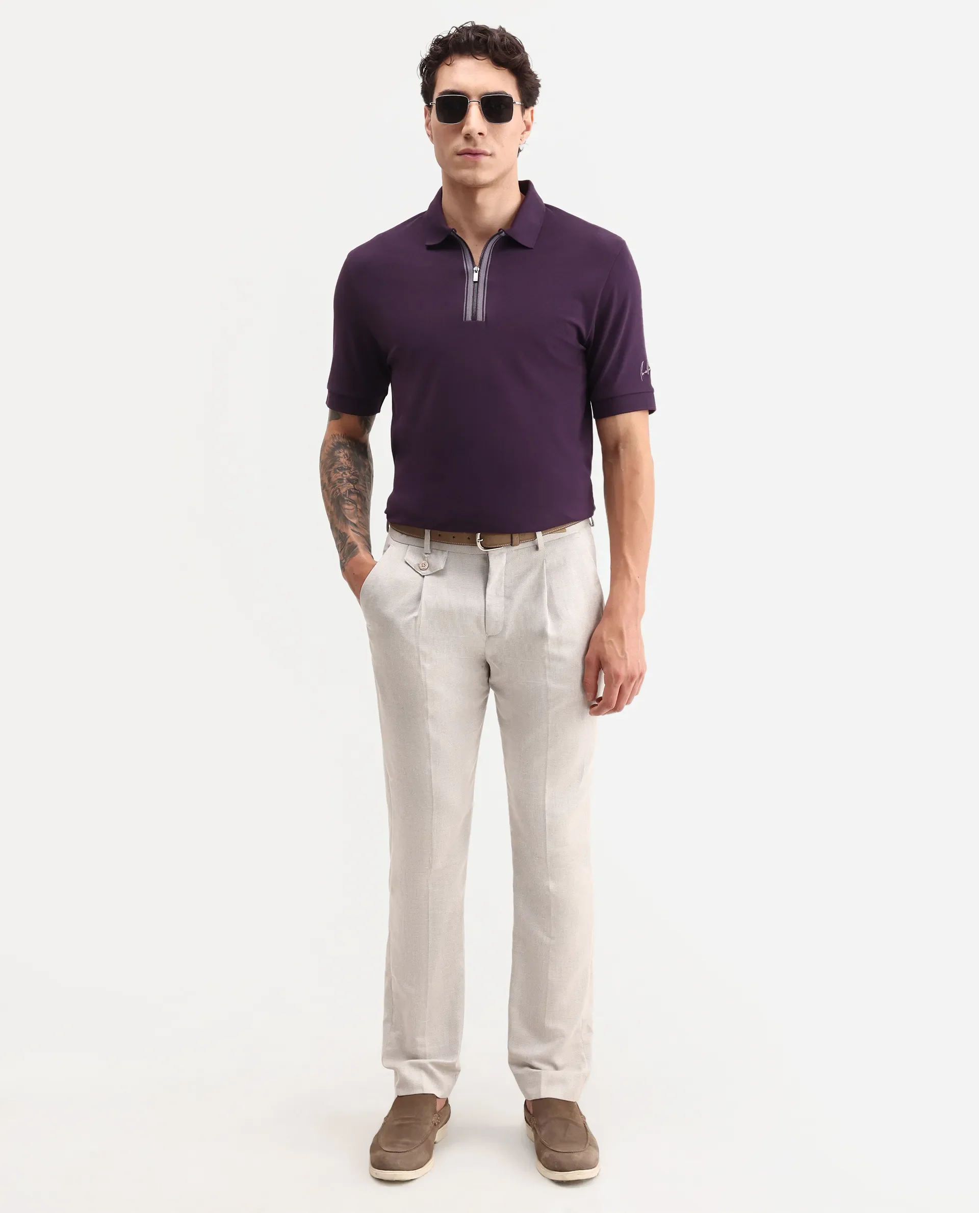 Rare Rabbit Men's Fur Dark Purple Cotton Fabric Spread Collar Regular Fit Embroidered Polo - Image 2