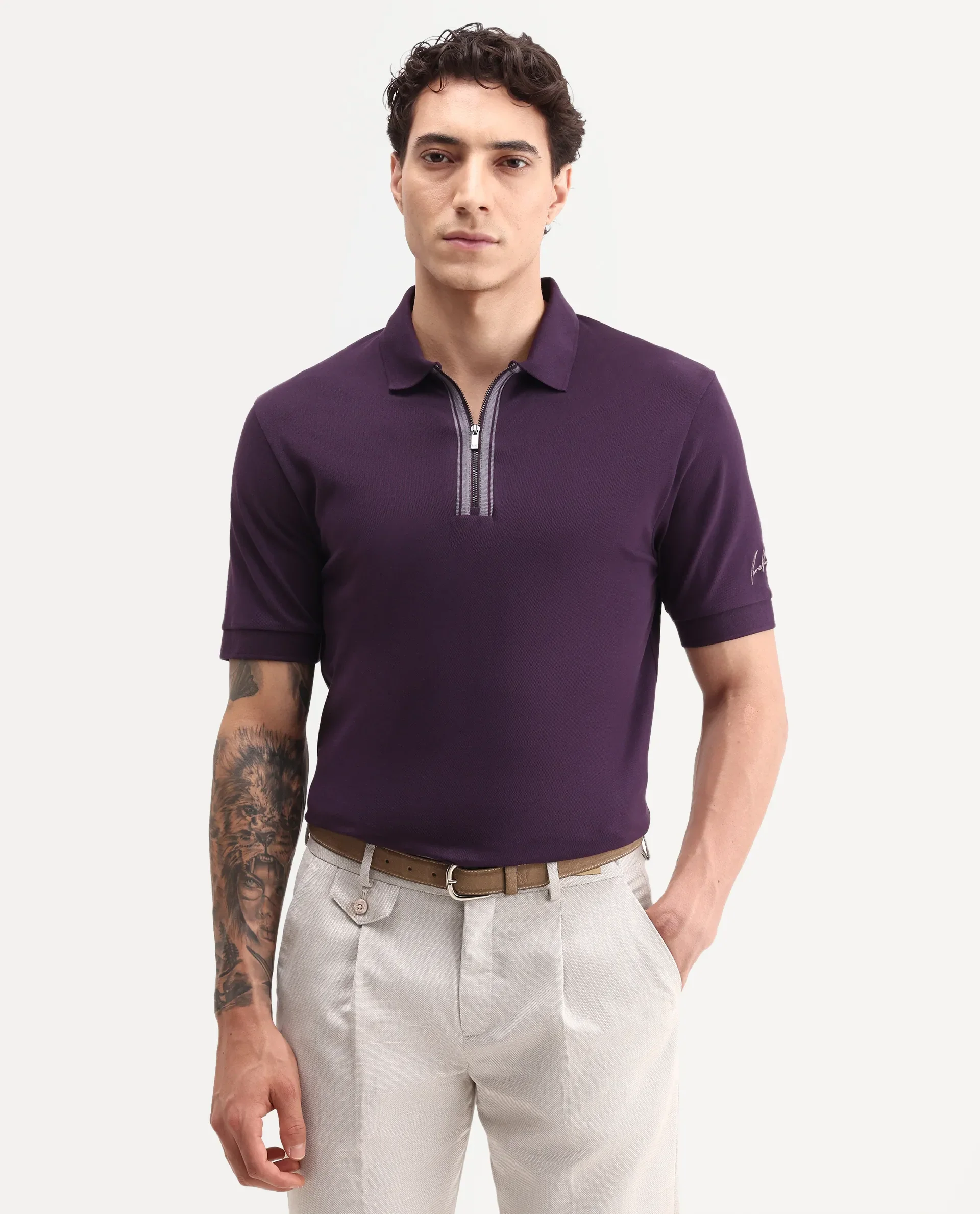Rare Rabbit Men's Fur Dark Purple Cotton Fabric Spread Collar Regular Fit Embroidered Polo - Image 3