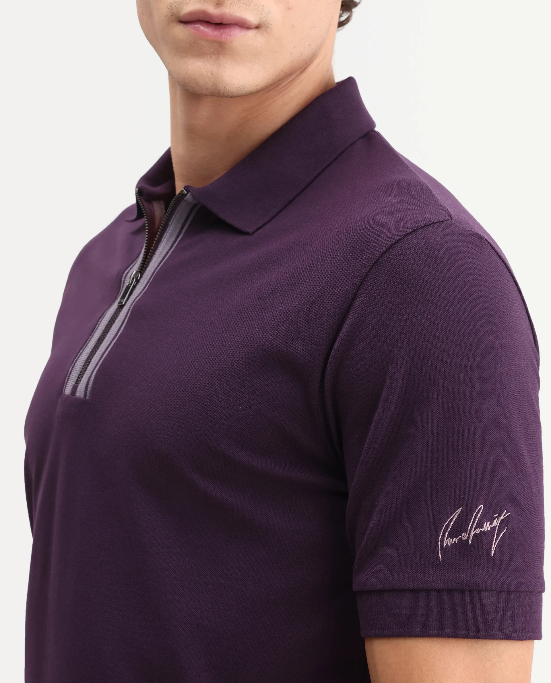 Rare Rabbit Men's Fur Dark Purple Cotton Fabric Spread Collar Regular Fit Embroidered Polo - Image 4