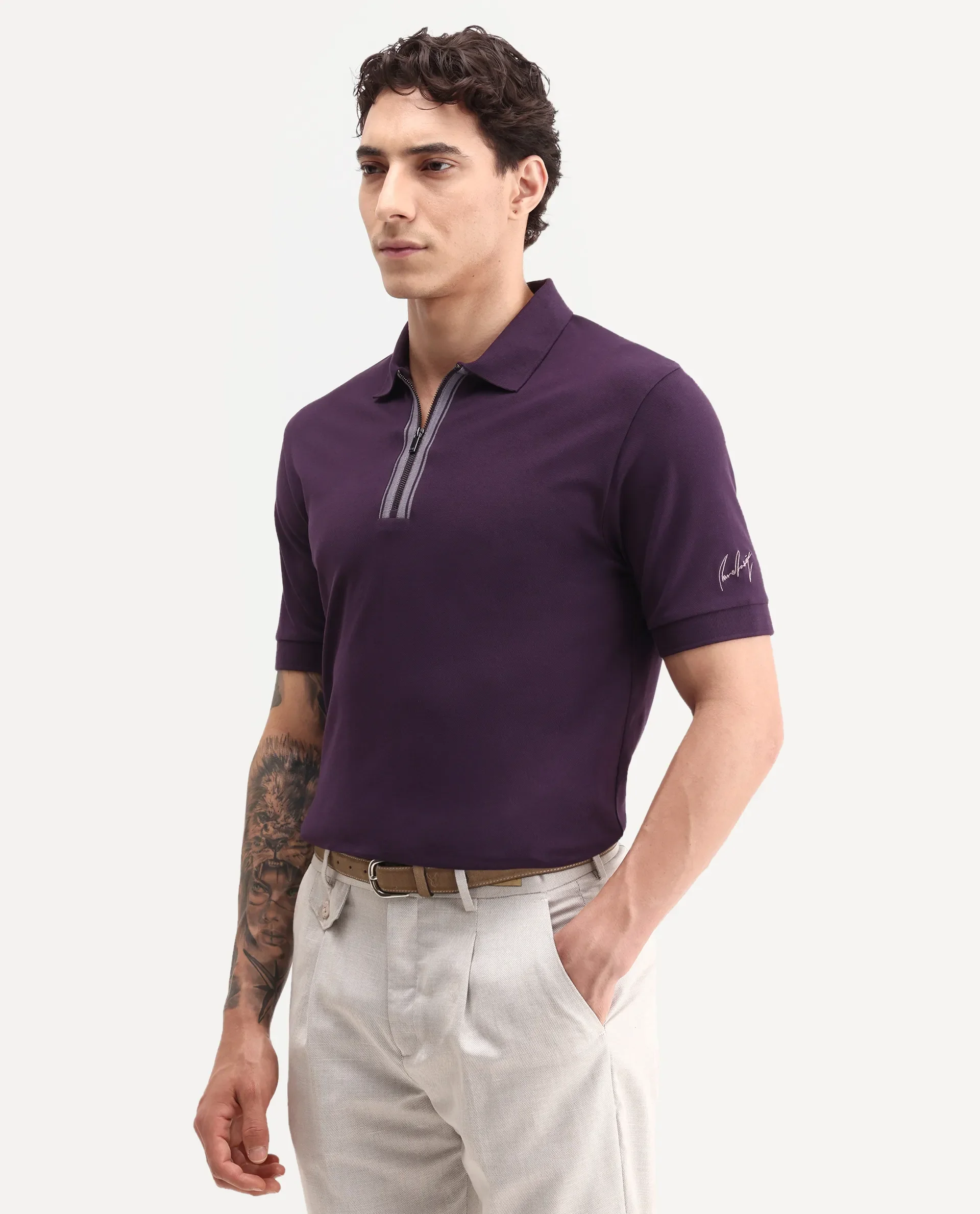 Rare Rabbit Men's Fur Dark Purple Cotton Fabric Spread Collar Regular Fit Embroidered Polo - Image 6