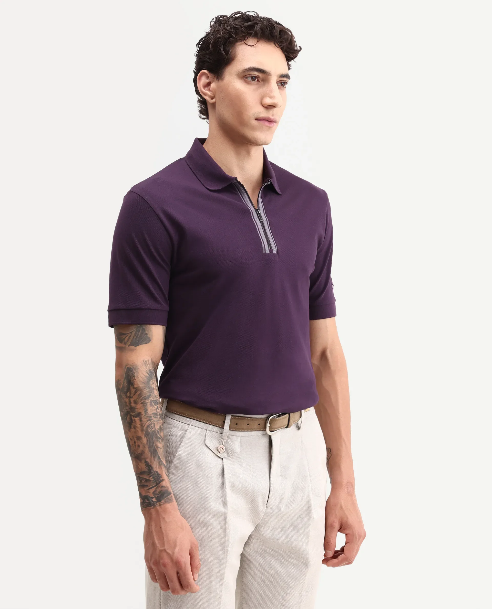 Rare Rabbit Men's Fur Dark Purple Cotton Fabric Spread Collar Regular Fit Embroidered Polo - Image 7