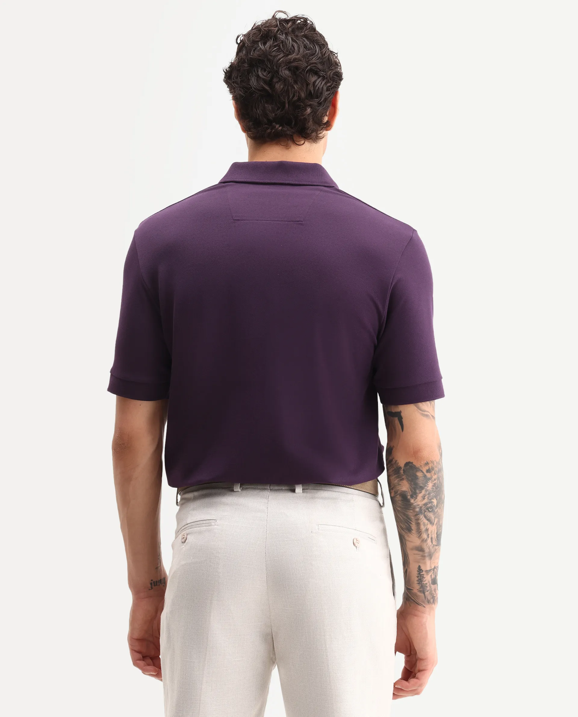 Rare Rabbit Men's Fur Dark Purple Cotton Fabric Spread Collar Regular Fit Embroidered Polo - Image 8