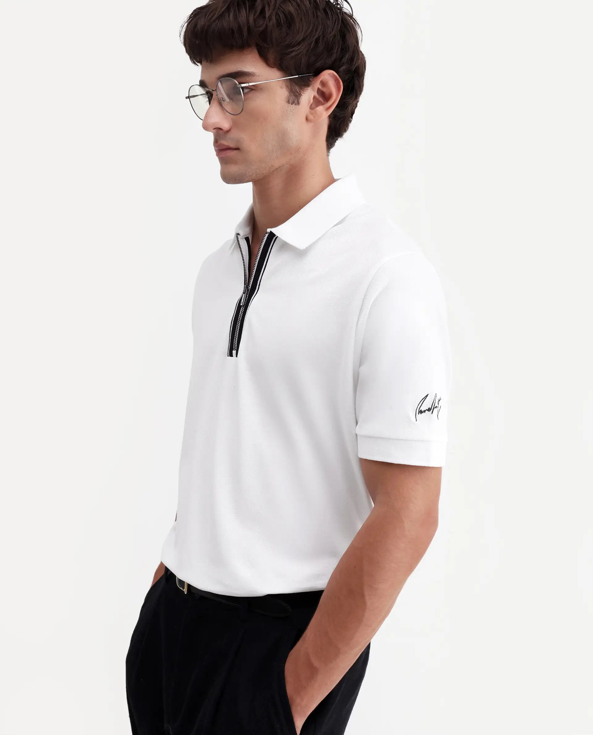 Rare Rabbit Men's Fur White Cotton Fabric Spread Collar Regular Fit Plain Polo - Image 4