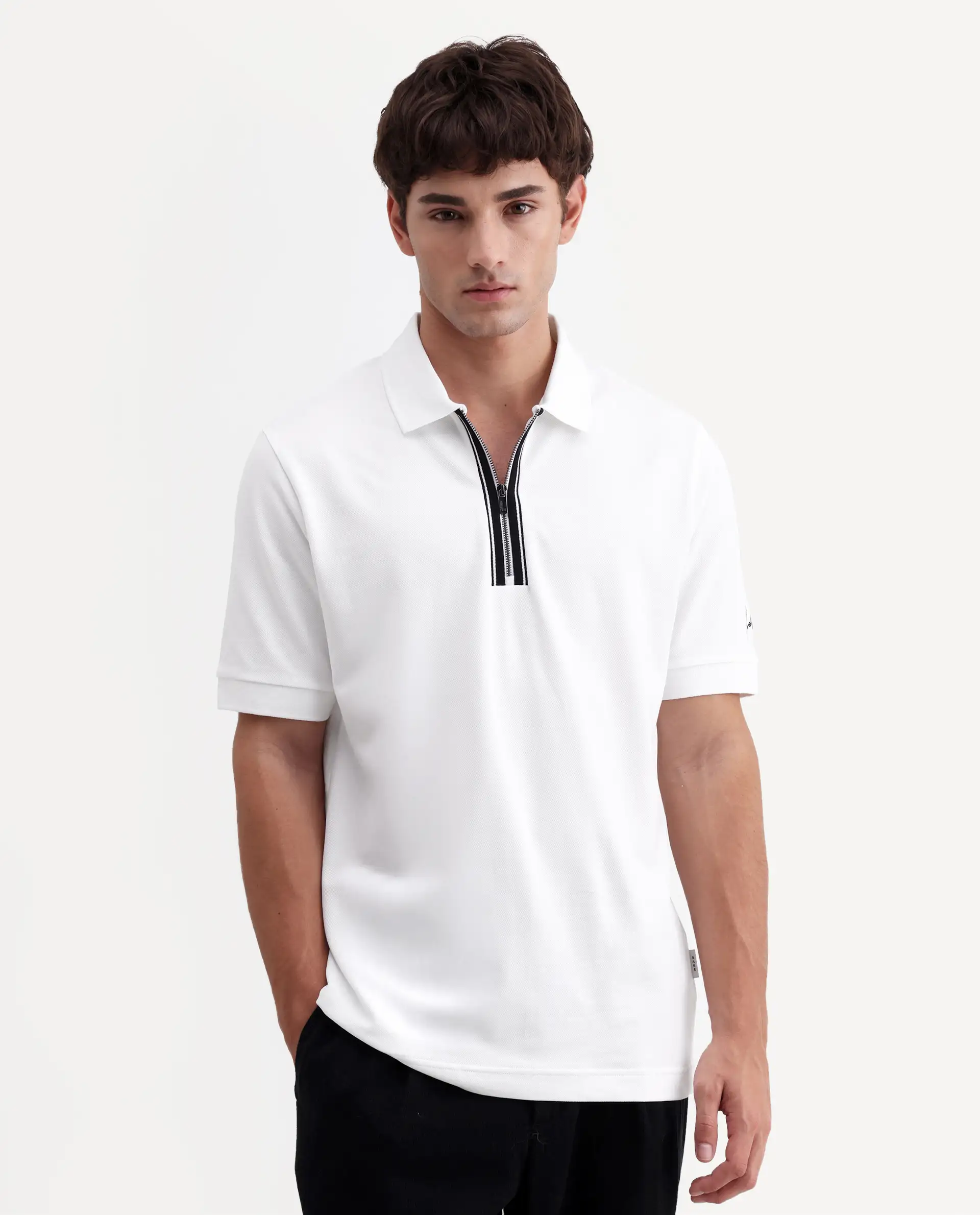 Rare Rabbit Men's Fur White Cotton Fabric Spread Collar Regular Fit Plain Polo - Image 5