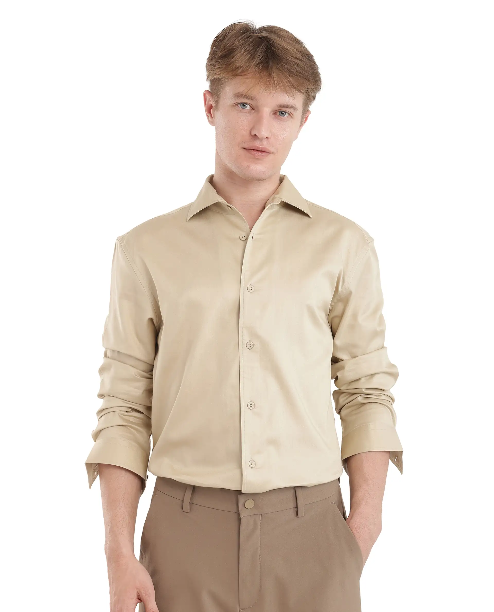 Rare Rabbit Men's Fury Beige Cotton Plain Relaxed Fit Full Sleeve Collared Shirt - Image 2