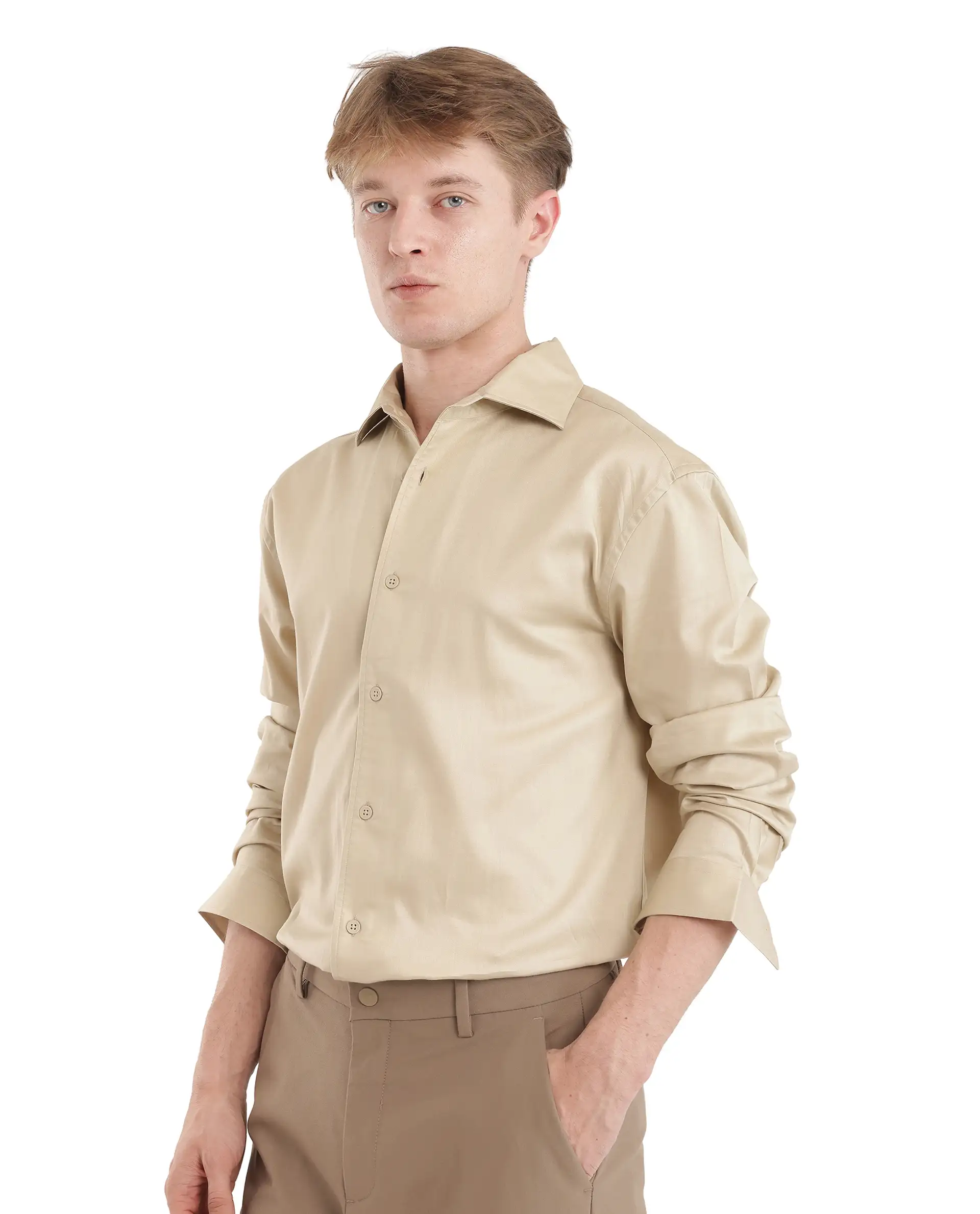 Rare Rabbit Men's Fury Beige Cotton Plain Relaxed Fit Full Sleeve Collared Shirt - Image 4