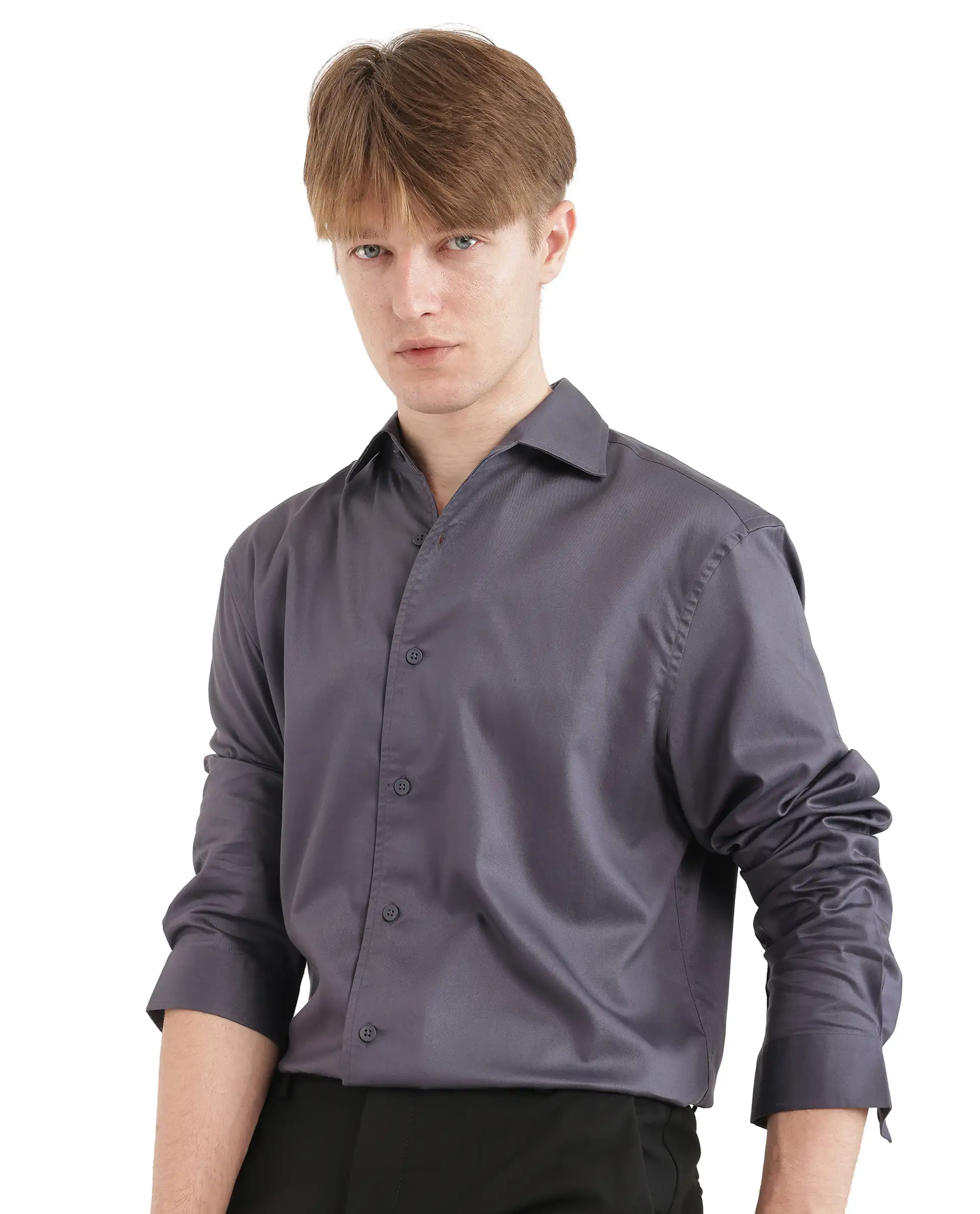 Rare Rabbit Men's Fury Dark Grey Cotton Plain Relaxed Fit Full Sleeve Collared Shirt