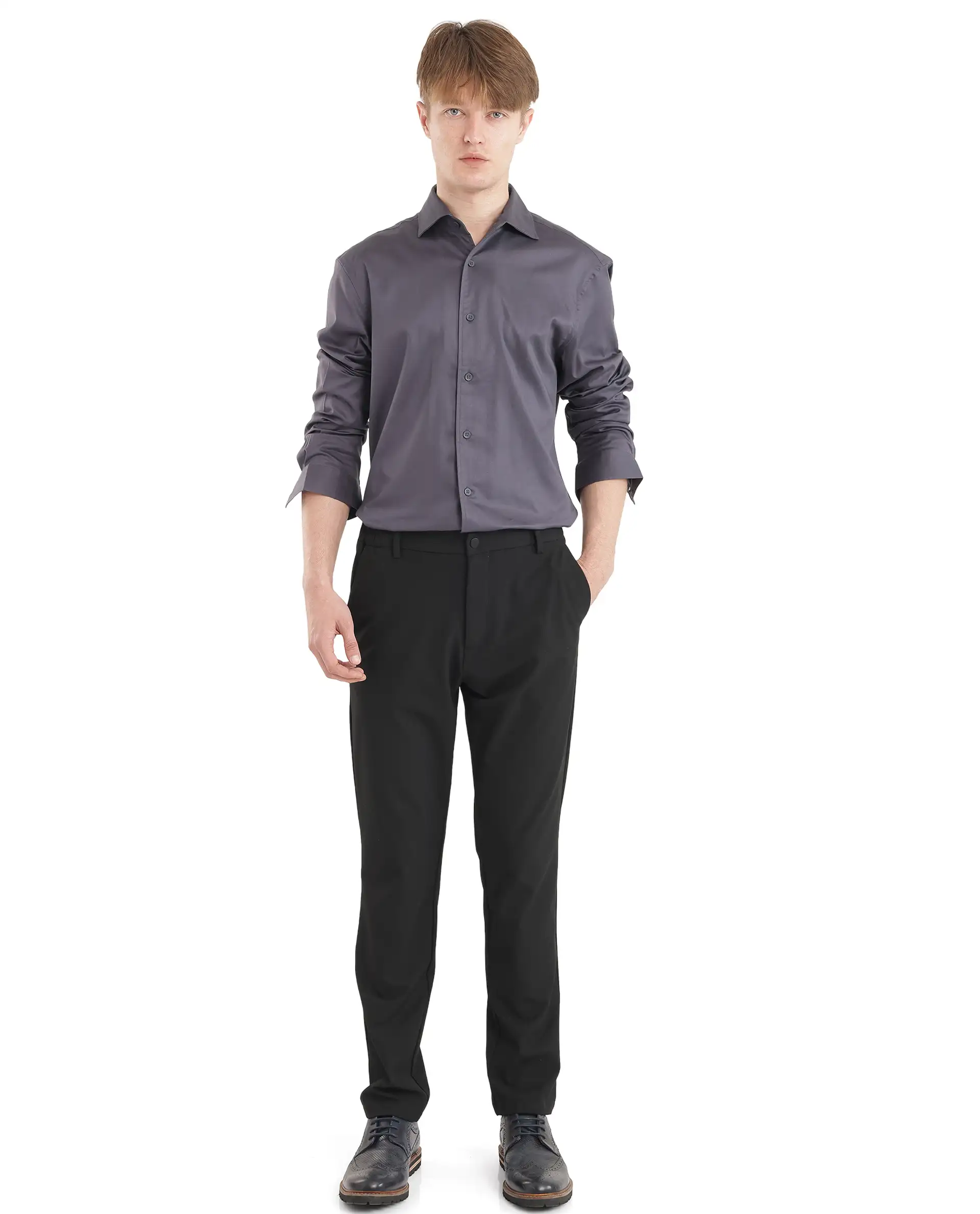 Rare Rabbit Men's Fury Dark Grey Cotton Plain Relaxed Fit Full Sleeve Collared Shirt - Image 2