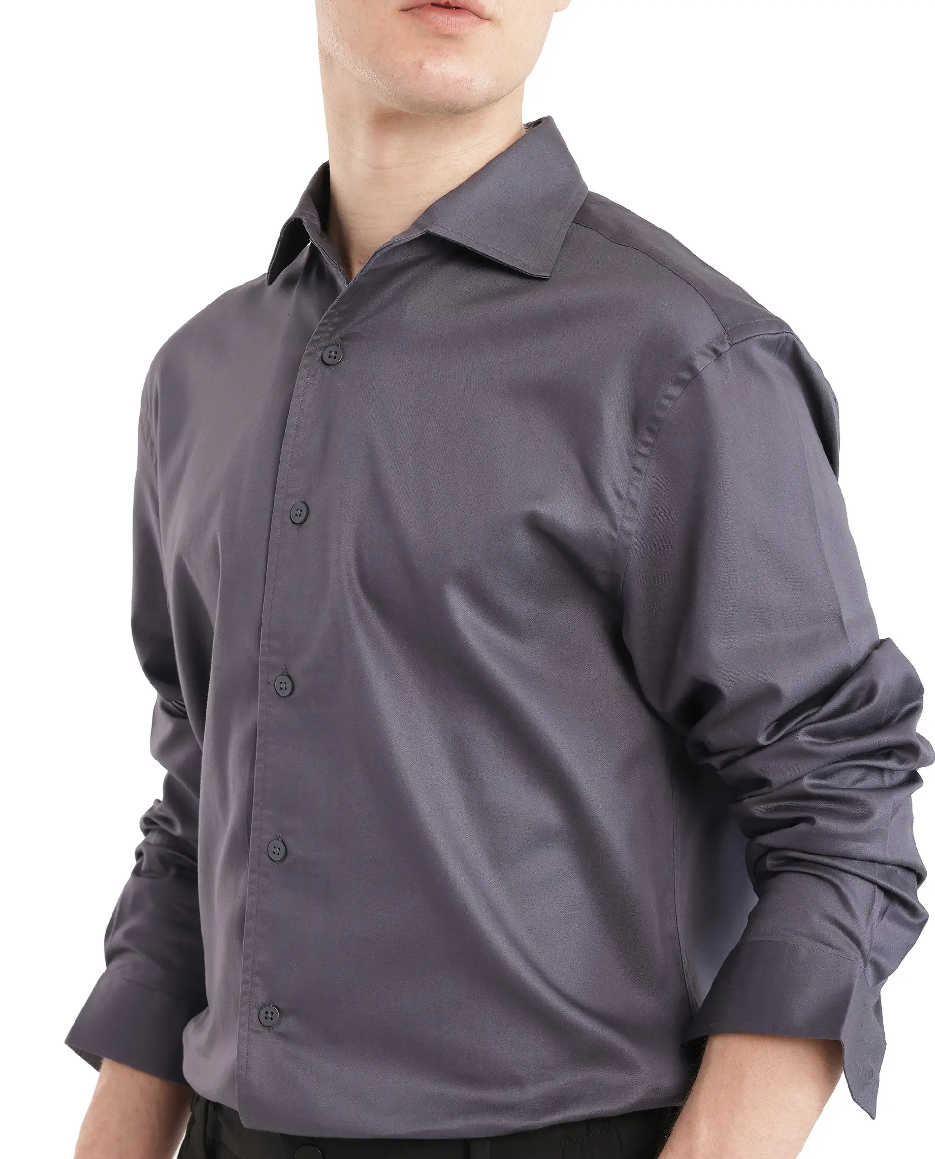 Rare Rabbit Men's Fury Dark Grey Cotton Plain Relaxed Fit Full Sleeve Collared Shirt - Image 3
