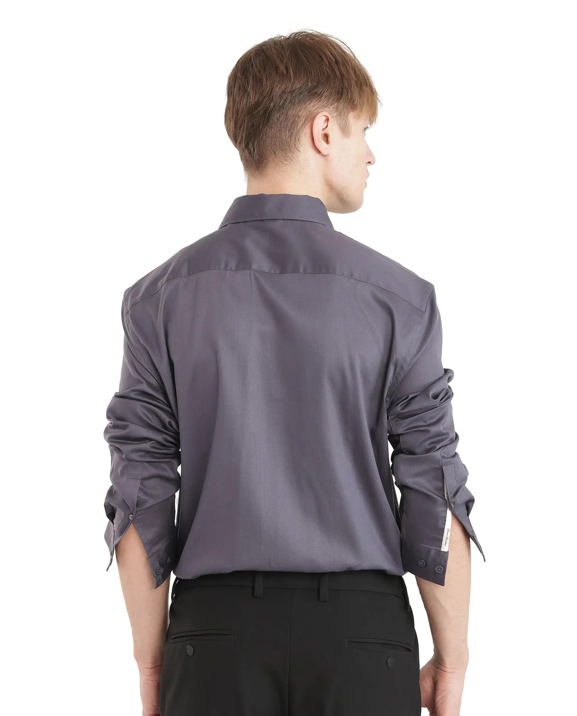 Rare Rabbit Men's Fury Dark Grey Cotton Plain Relaxed Fit Full Sleeve Collared Shirt - Image 4