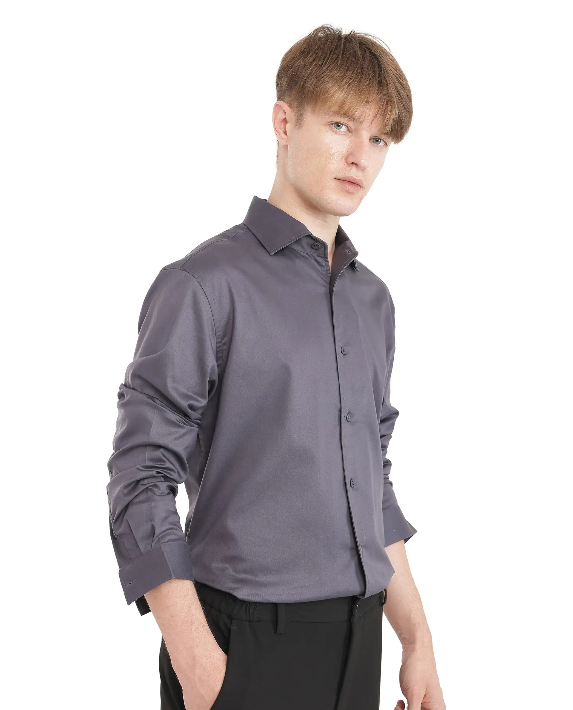 Rare Rabbit Men's Fury Dark Grey Cotton Plain Relaxed Fit Full Sleeve Collared Shirt - Image 5
