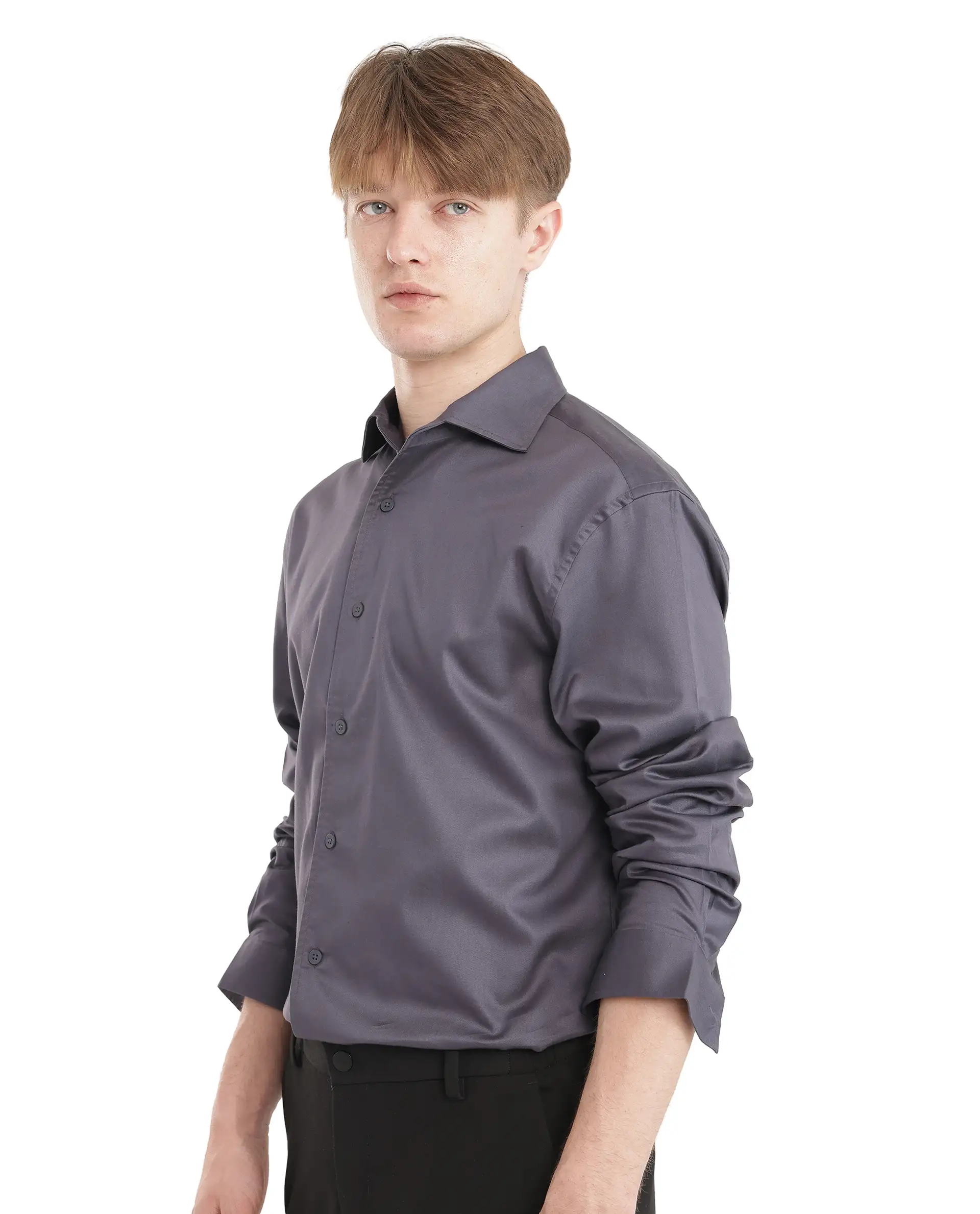 Rare Rabbit Men's Fury Dark Grey Cotton Plain Relaxed Fit Full Sleeve Collared Shirt - Image 6