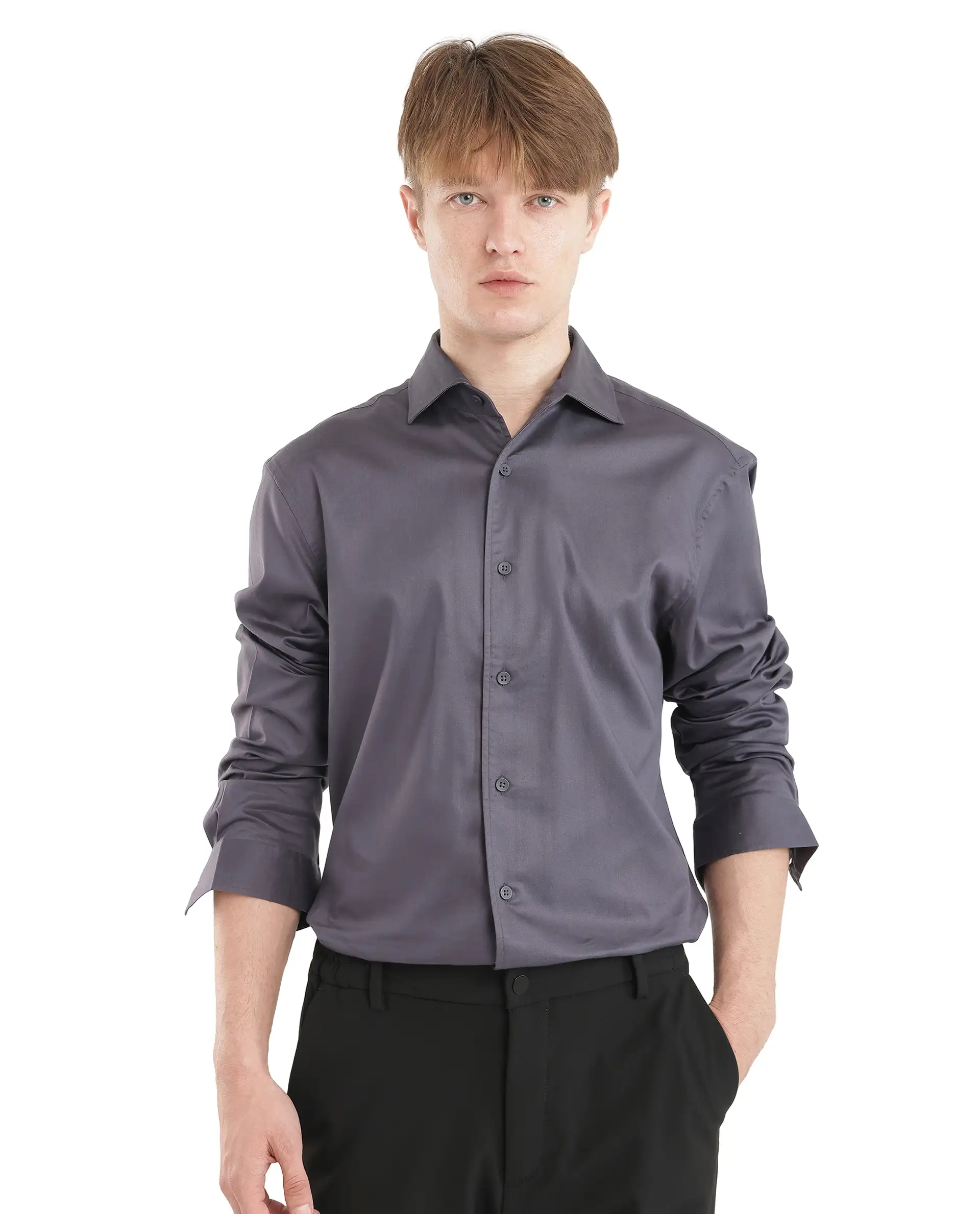 Rare Rabbit Men's Fury Dark Grey Cotton Plain Relaxed Fit Full Sleeve Collared Shirt - Image 7