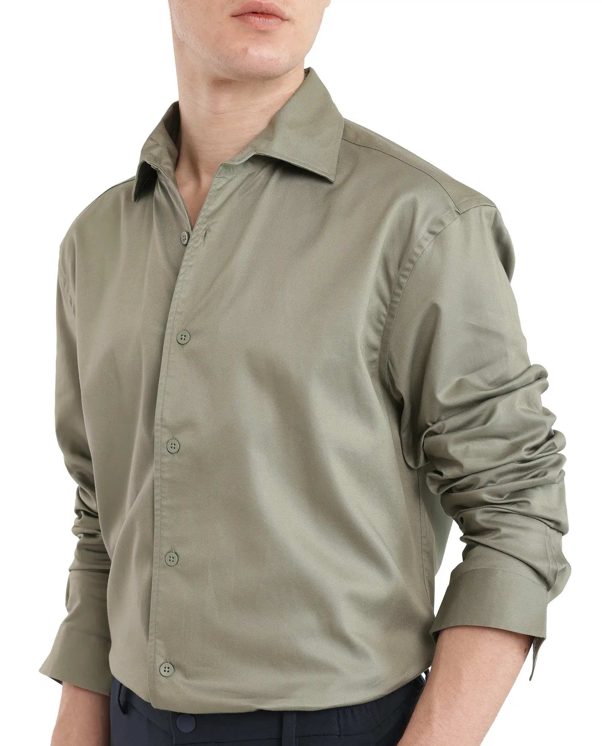 Rare Rabbit Men's Fury Dusky Green Cotton Plain Relaxed Fit Full Sleeve Collared Shirt - Image 3