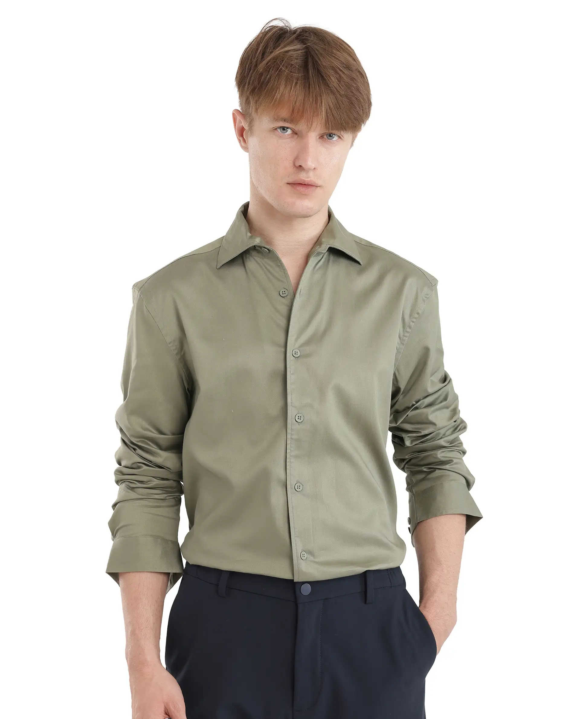 Rare Rabbit Men's Fury Dusky Green Cotton Plain Relaxed Fit Full Sleeve Collared Shirt - Image 5