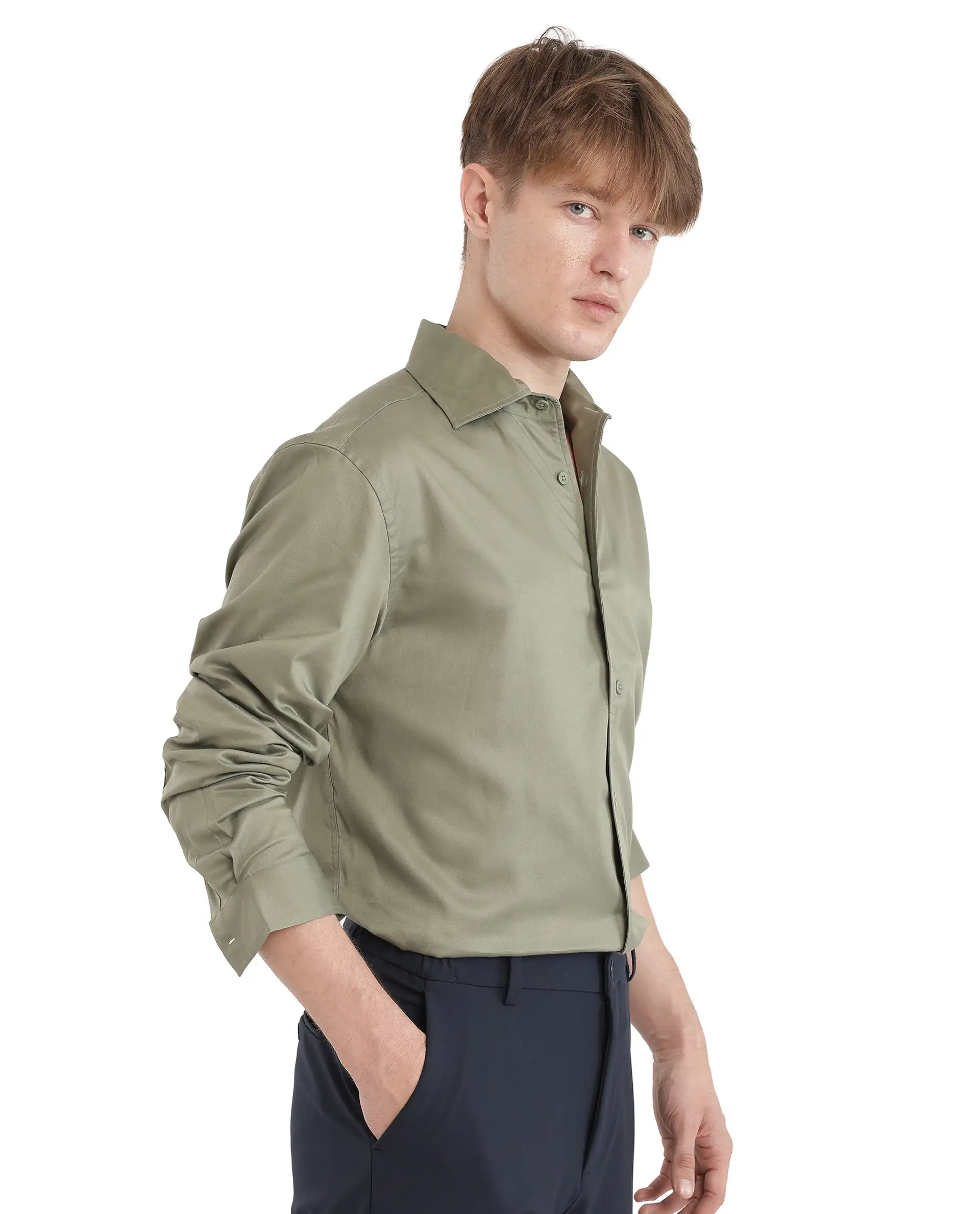 Rare Rabbit Men's Fury Dusky Green Cotton Plain Relaxed Fit Full Sleeve Collared Shirt - Image 6