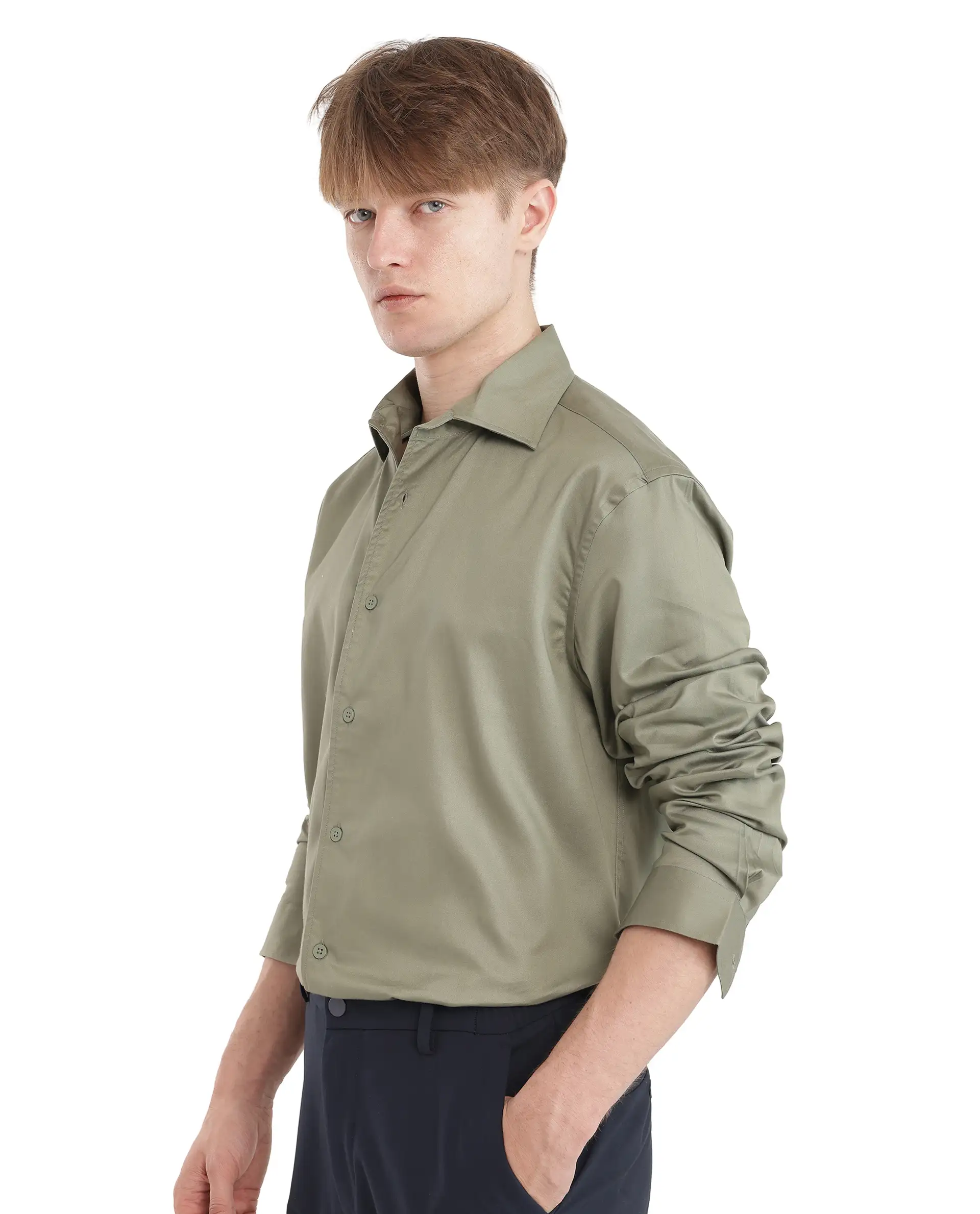 Rare Rabbit Men's Fury Dusky Green Cotton Plain Relaxed Fit Full Sleeve Collared Shirt - Image 7