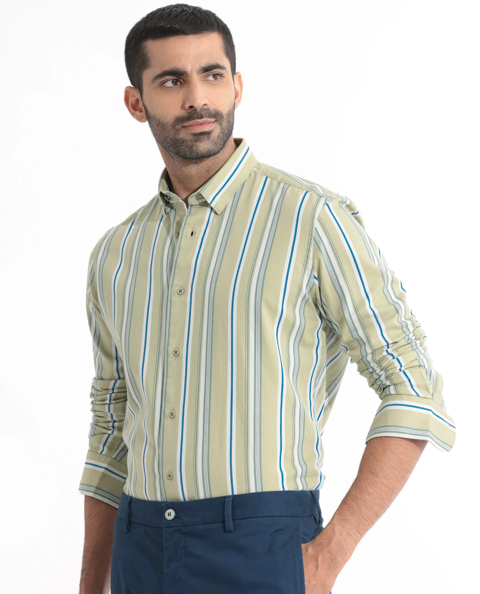 Rare Rabbit Men's Fushion Dusky Green Cotton Striped Print Regular Fit Full Sleeve Collared Shirt - Image 3