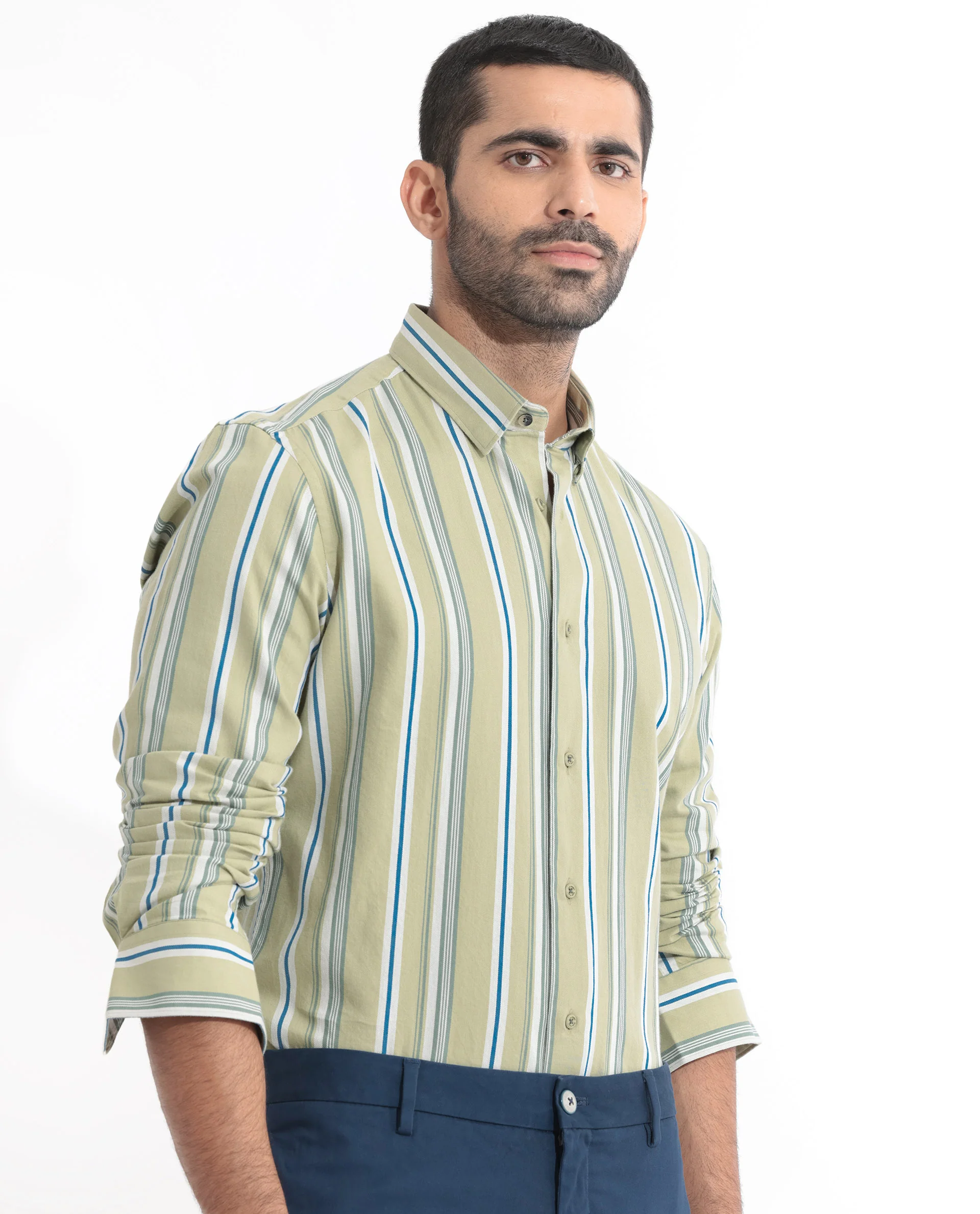 Rare Rabbit Men's Fushion Dusky Green Cotton Striped Print Regular Fit Full Sleeve Collared Shirt - Image 6