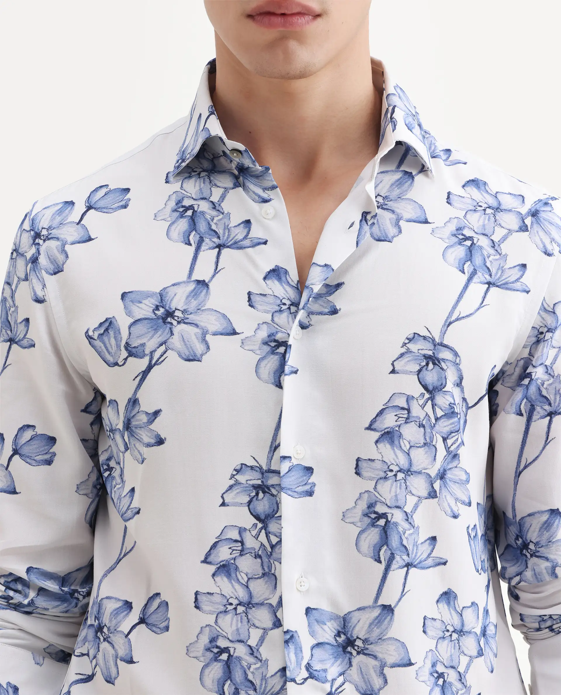 Rare Rabbit Men's Fuso White Viscose Fabric Full Sleeve Spread Collar Regular Floral Print Shirt - Image 3