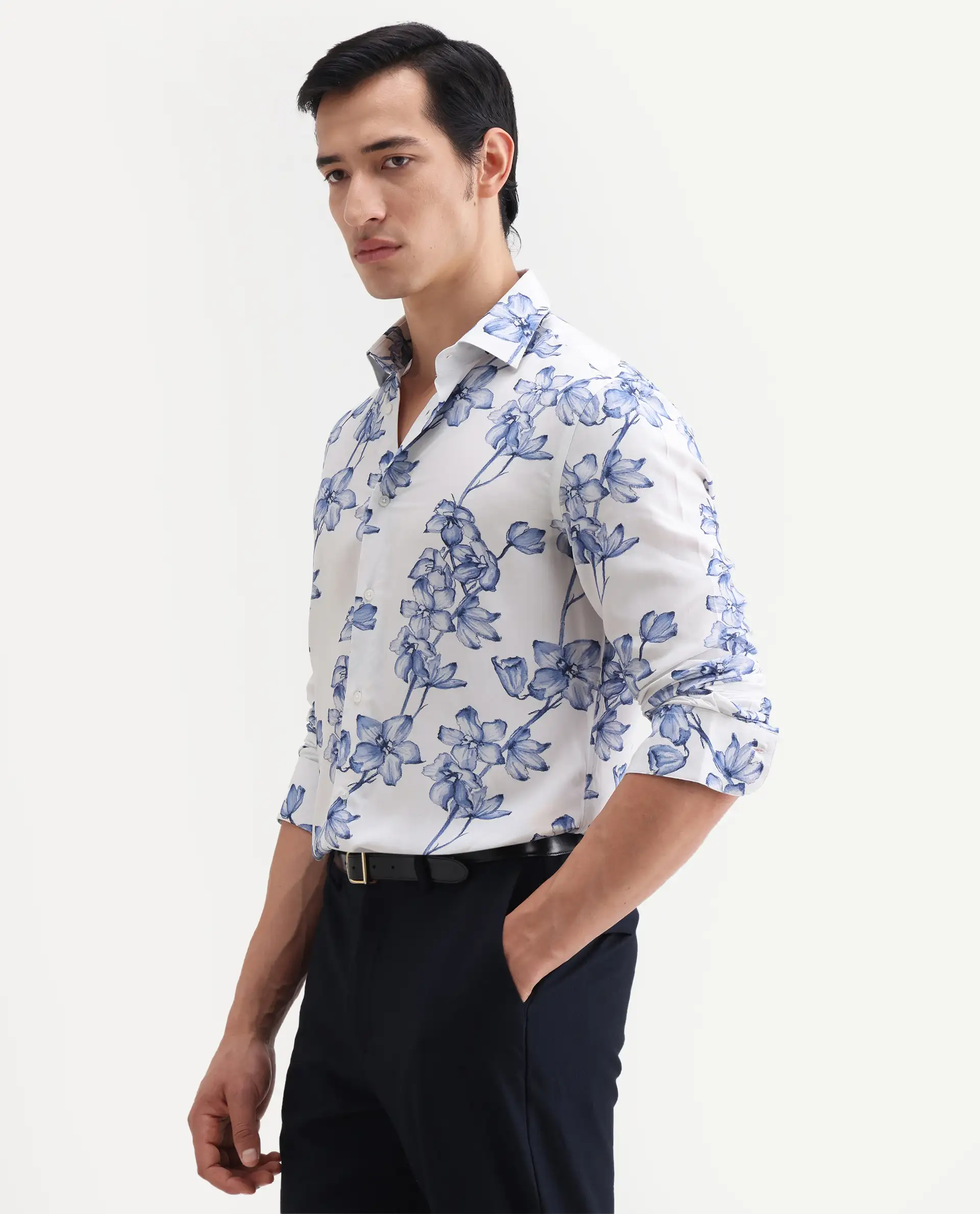 Rare Rabbit Men's Fuso White Viscose Fabric Full Sleeve Spread Collar Regular Floral Print Shirt - Image 5
