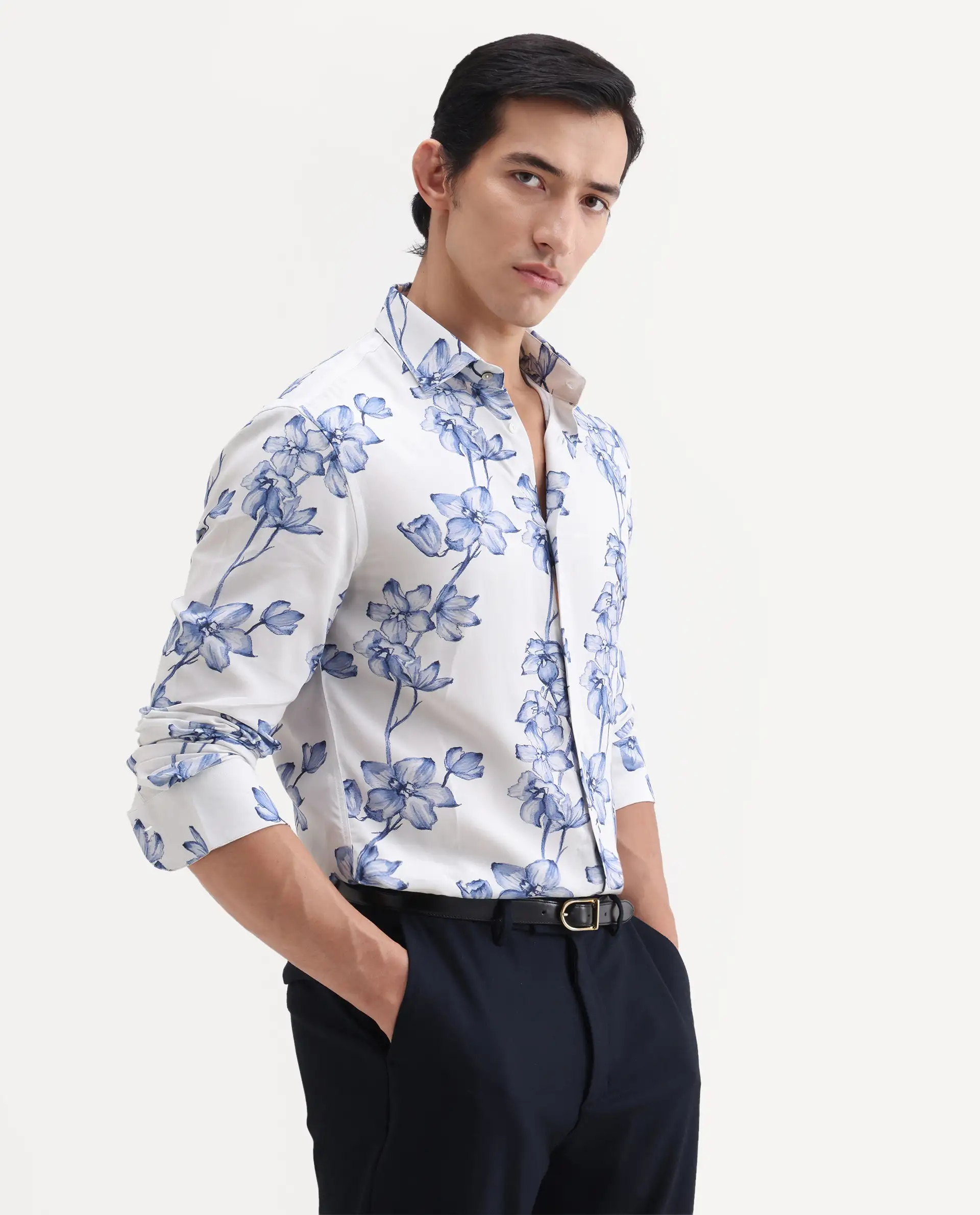 Rare Rabbit Men's Fuso White Viscose Fabric Full Sleeve Spread Collar Regular Floral Print Shirt - Image 6