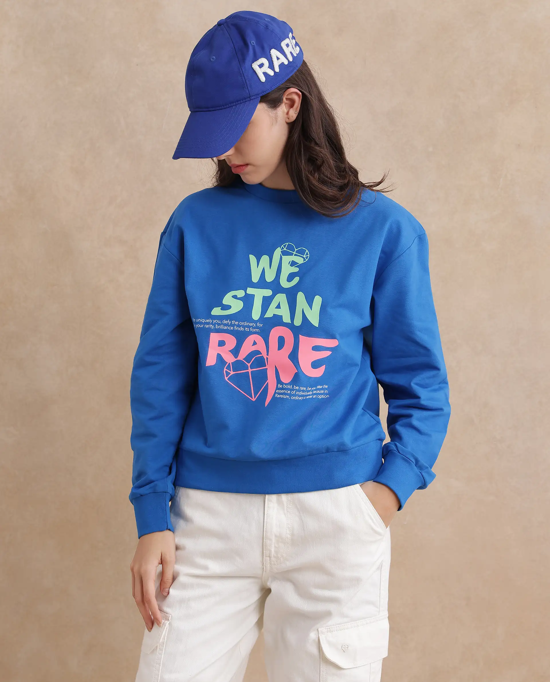 Rareism Women's Fuzer Blue Cotton Blend Crew Neck Graphic Print Relaxed Fit Sweatshirt