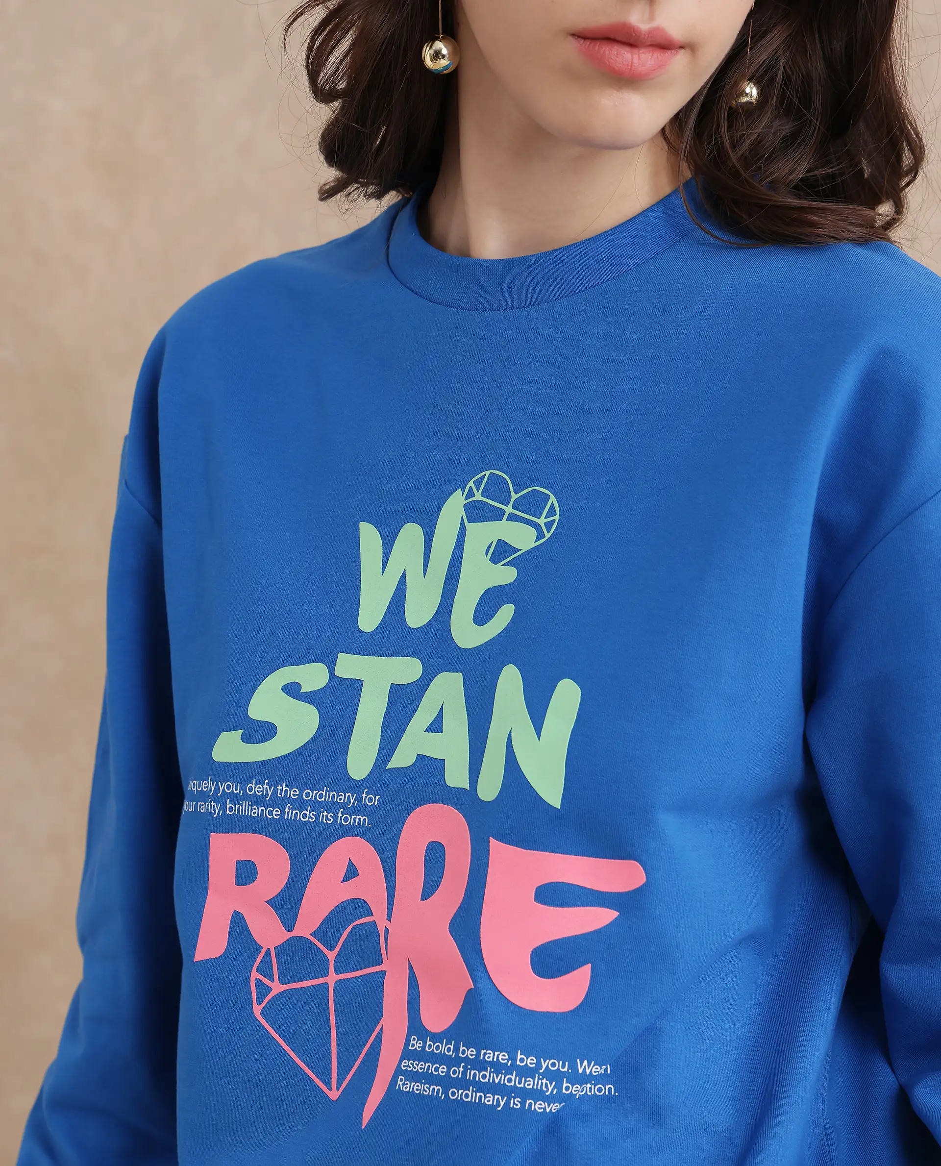 Rareism Women's Fuzer Blue Cotton Blend Crew Neck Graphic Print Relaxed Fit Sweatshirt - Image 2