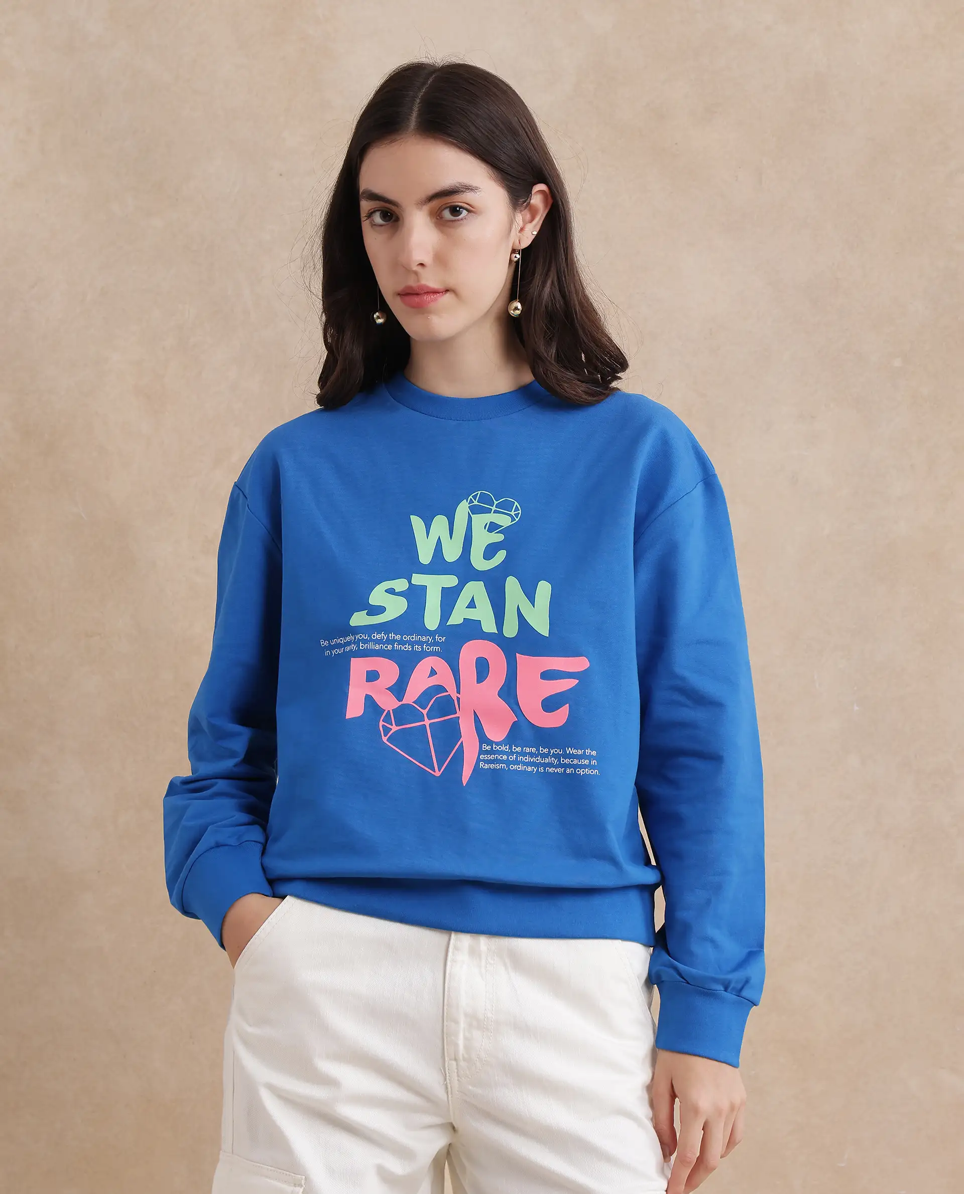 Rareism Women's Fuzer Blue Cotton Blend Crew Neck Graphic Print Relaxed Fit Sweatshirt - Image 3