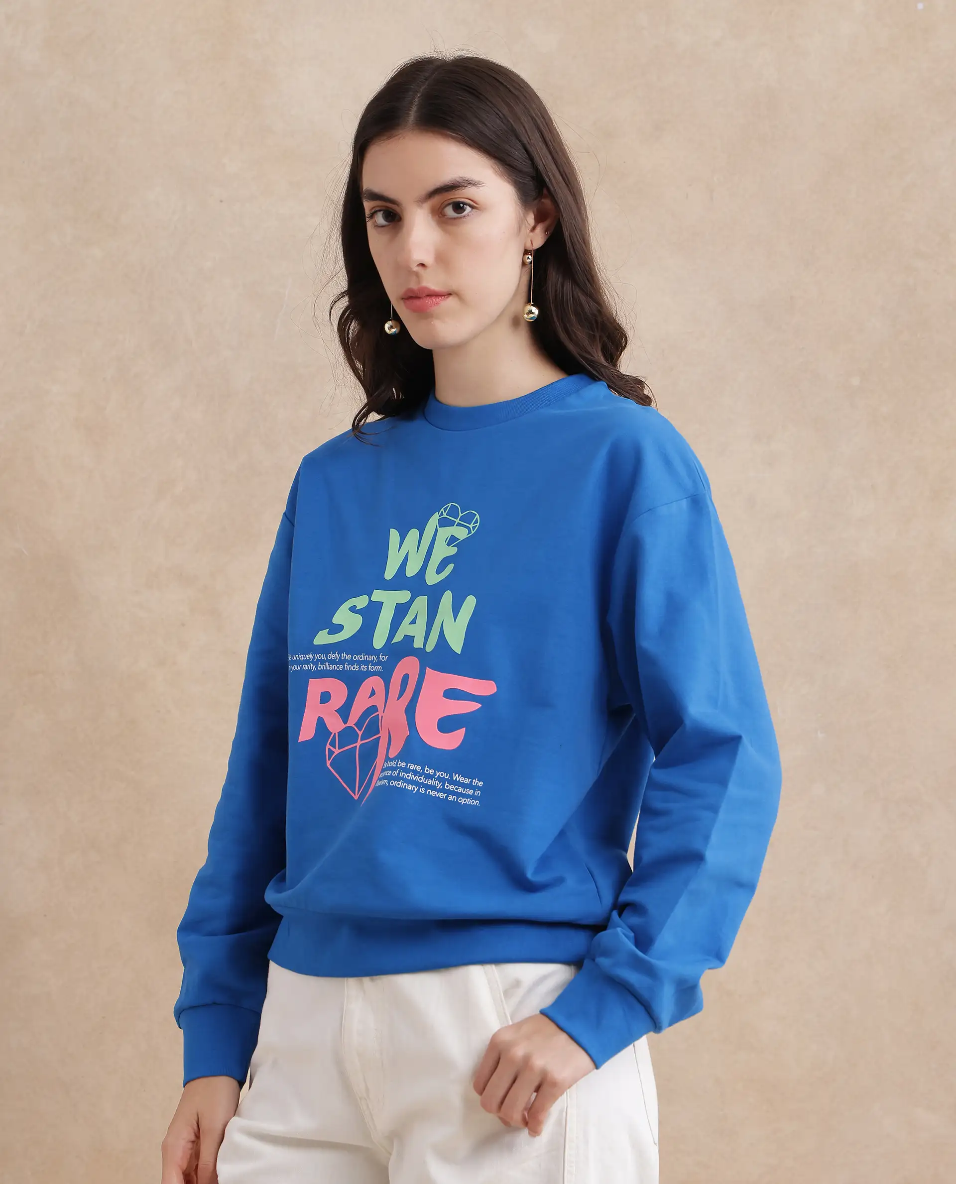 Rareism Women's Fuzer Blue Cotton Blend Crew Neck Graphic Print Relaxed Fit Sweatshirt - Image 4