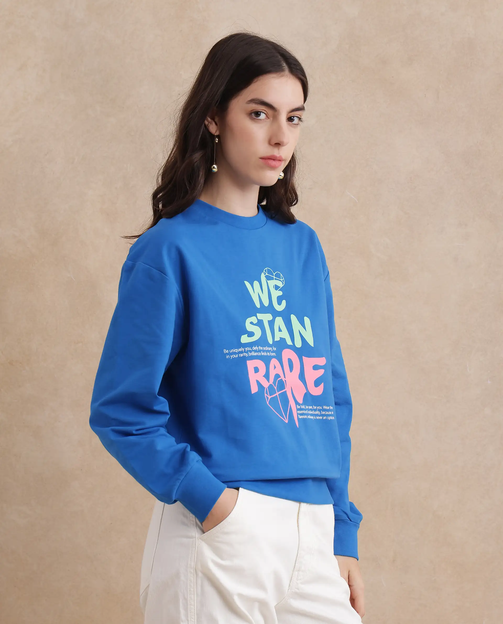 Rareism Women's Fuzer Blue Cotton Blend Crew Neck Graphic Print Relaxed Fit Sweatshirt - Image 5