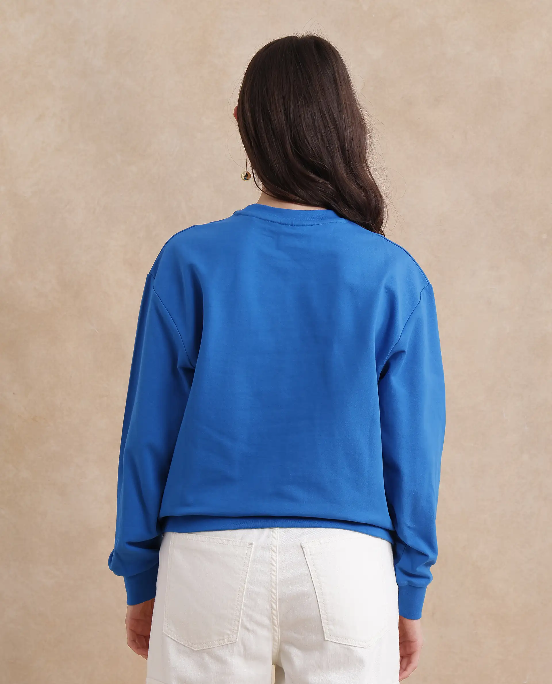 Rareism Women's Fuzer Blue Cotton Blend Crew Neck Graphic Print Relaxed Fit Sweatshirt - Image 6